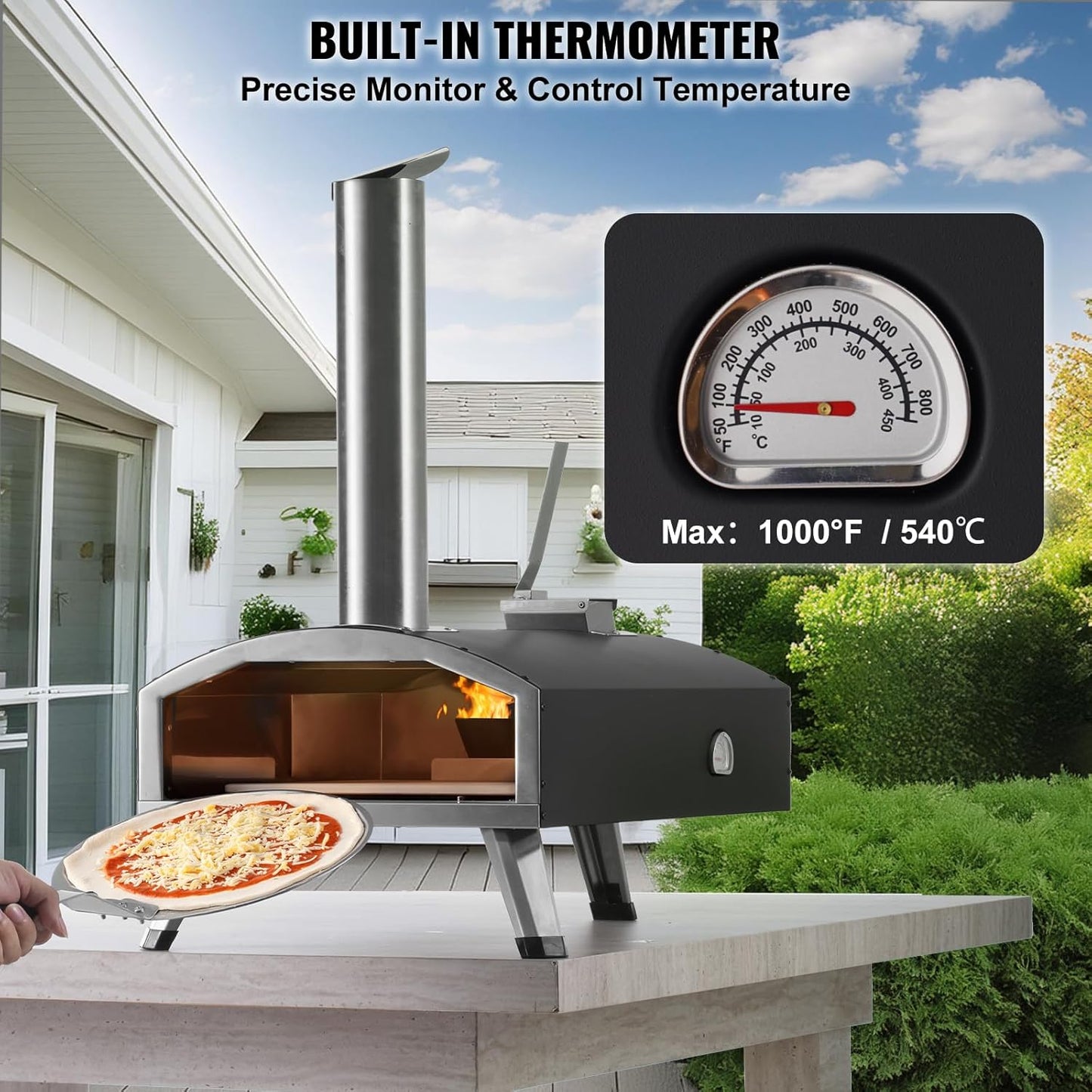 VEVOR OUTDOOR Pizza Oven, 12 Inch Wood Fired Pizza Ovens, Pellet Pizza Stove with Thermometer, Portable Pizza Maker for Outside Backyard Patio Camping, Pizza Stone, Carry Bag, Shovel, Black
