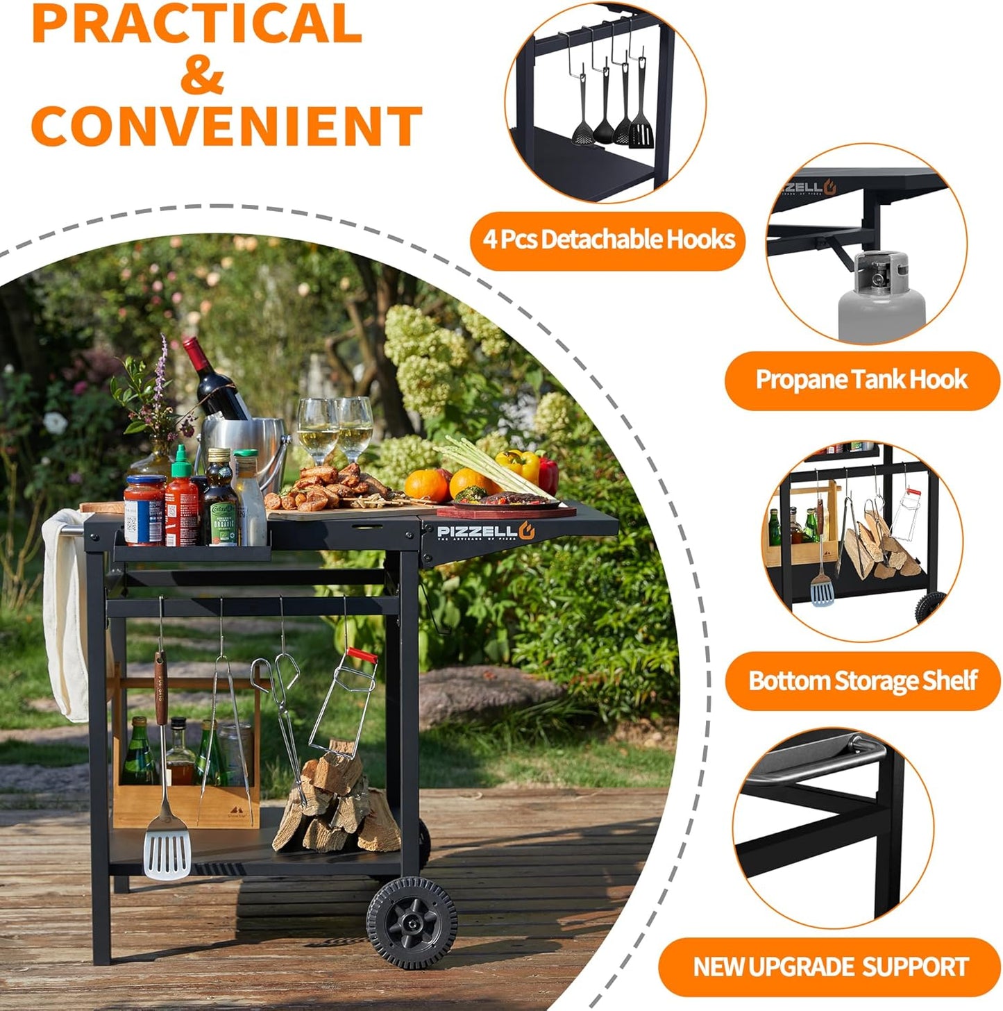 Outdoor Grill Table Cart 35" x 22" Movable Pizza Oven Stand Foldable Double-Shelf Grill Cart Food Prep Trolley Dining Cart Fit for Ooni Ninja Woodfire Blackstone Pizza Oven