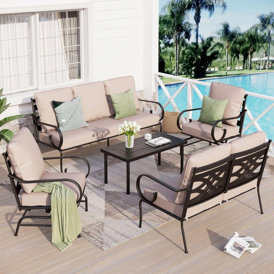 Sophia & William 5 Piece Patio Furniture Set Outdoor Couch Sofa, Sectional Conversation Sets 7 Seat with 3-seat Sofa x 1, Loveseat x 1, Rocking Chair x 2, Metal Coffee Table x 1 for Porch Lawn, Beige
