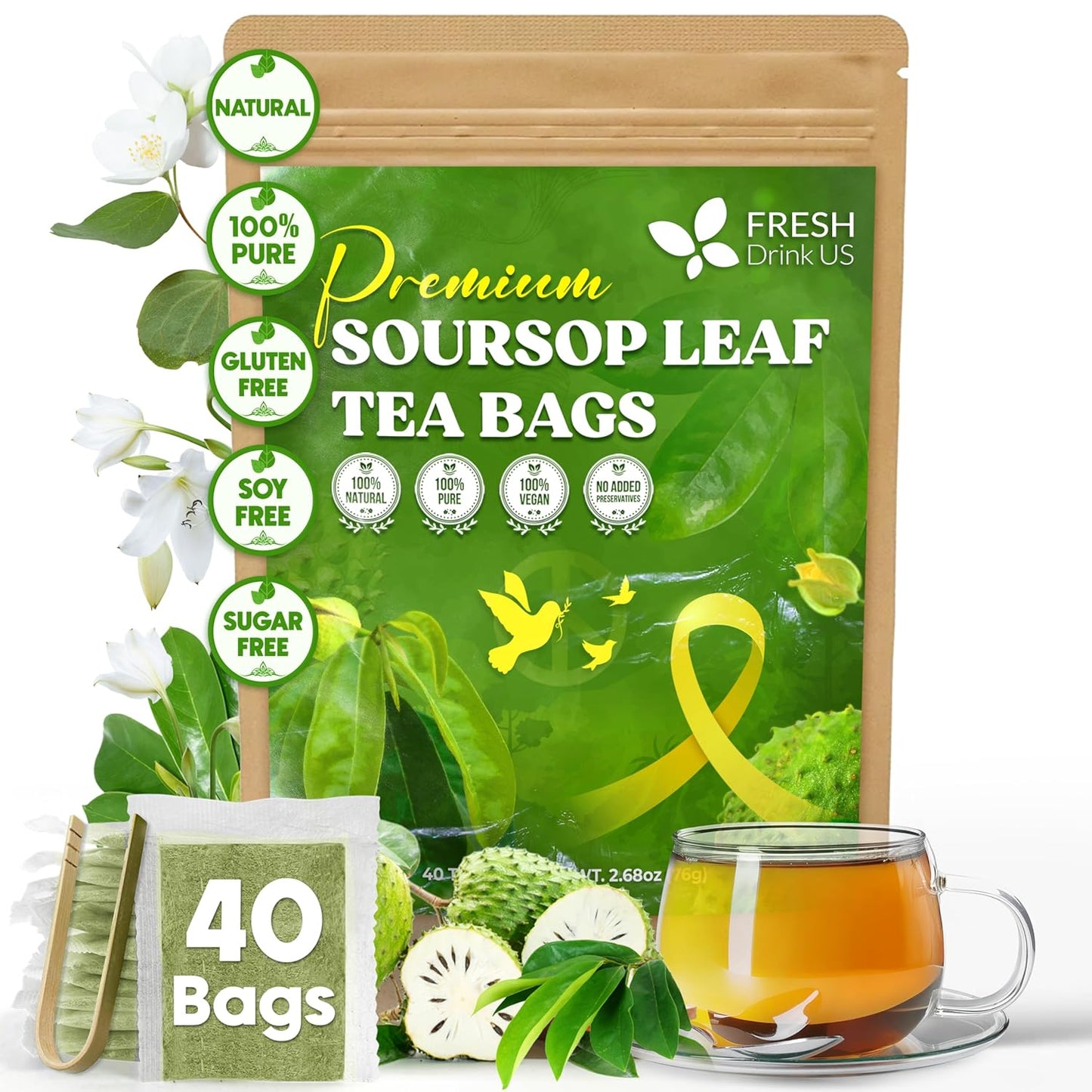 40 Premium Soursop Graviola Leaf Tea Bags, 100% Natural and Pure from Soursop Leaves, Handmade, Made With Natural Materials-Corn Fiber Tea Bag, Sugar/Caffeine/Gluten Free, Hoja Guanabana Tea