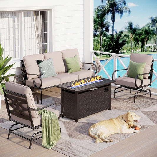 Sophia & William 4 Piece Outdoor Patio Furniture Set, 5 Seats Patio Conversation Sets Clearance with 45" Gas Fire Pit Table x 1, 3-seat Sofa x 1, Rocking Chair x 2 for Porch Lawn, Beige