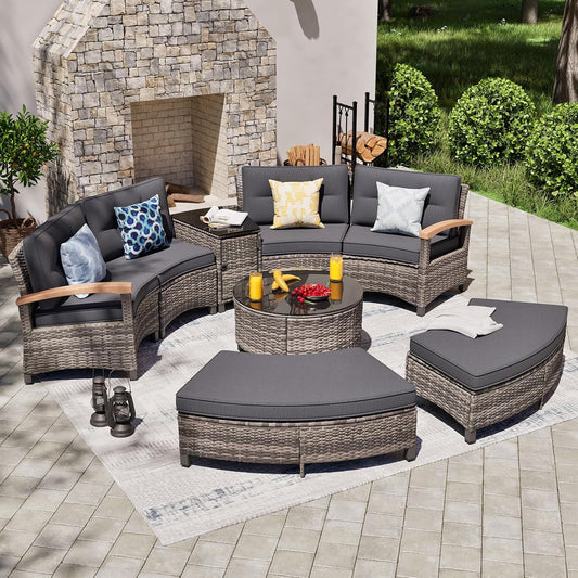 8 Piece Outdoor Patio Furniture Set, Half-Moon Curved Sectional Set with Wood Armrests, Patio Conversation Set, 2 Half-Moon Ottomans，Coffee & Side Tables (Grey)