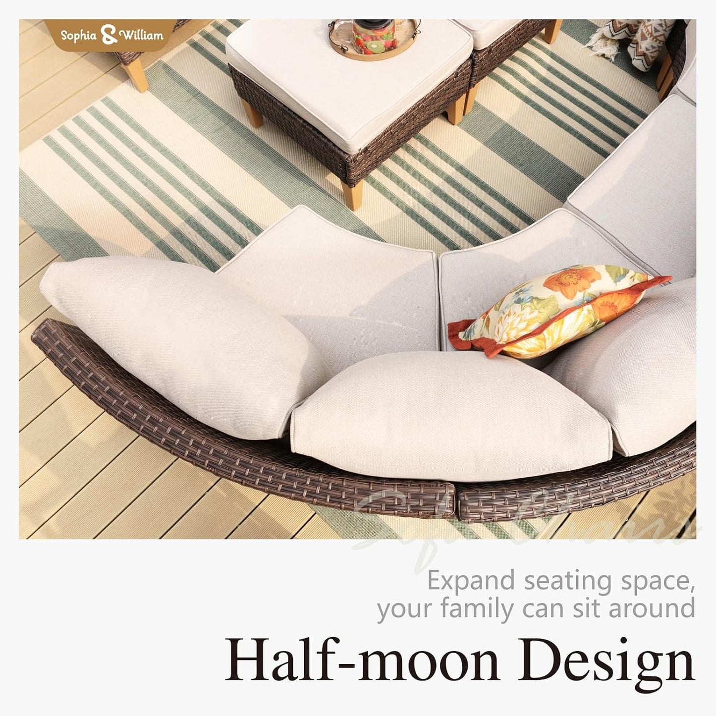 Sophia & William Patio Furniture Set, 5 Piece Half Moon Outdoor Wicker Sectional Sofa Set, Rattan Conversation Set for Backyard, Deck, Pool(Beige)