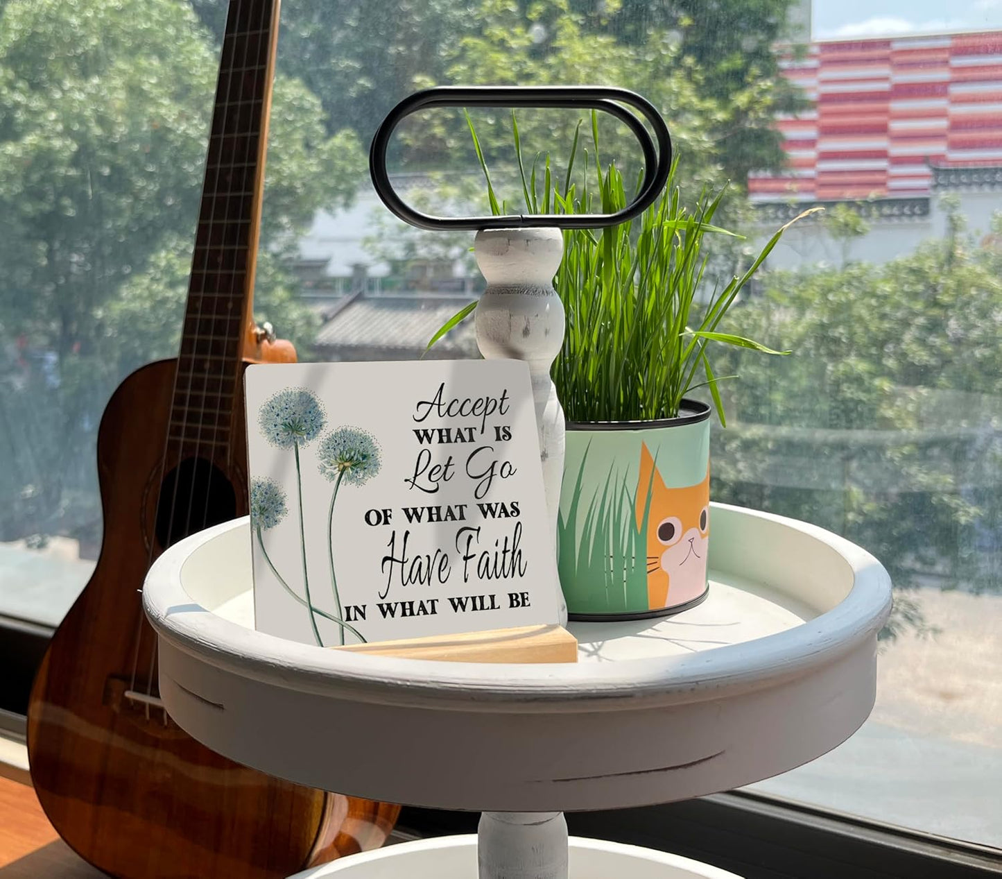 Primitive Wooden Sign, Accept What is Let Go of What Was Have Faith in What Will Be, Desk Plaque with Wooden Stand 4 x 4.3 inches, Inspirational Farmhouse Decor, Home Decor, Mindset Gifts, B