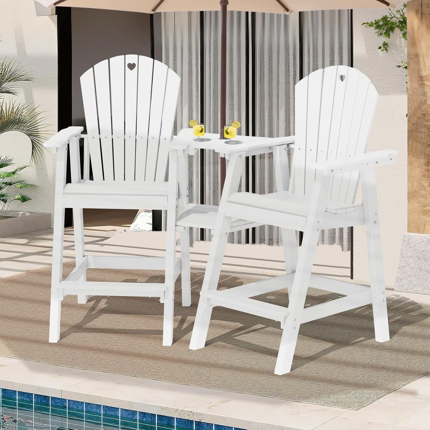 Tall Adirondack Chairs Set of 2-Durable HDPE Outdoor Bar Stools with Double Connecting Tray, Weatherproof Patio Furniture for Poolside, Backyard, Deck & Lawn Relaxation (White)