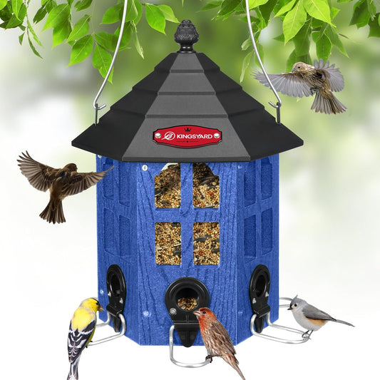 Kingsyard Wild Bird Feeder for Outdoor Hanging, Recycled Plastic Bird Feeders with 6 Ports & U-Shape Perch, Garden Yard Outside Decoration, 3.5 lbs Seed Capacity, Blue