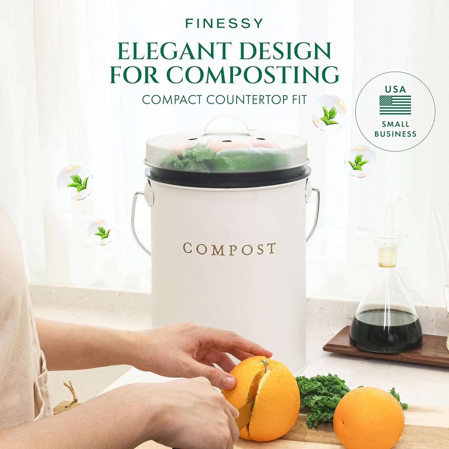 White 1.3 Galion Indoor Compost Bin Kitchen Odorless with Lid for Composting Food Waste Bucket for Counters, Stainless Steel Kitchen Compost Bin Countertop Trash Can Scrap Container Composter Caddy