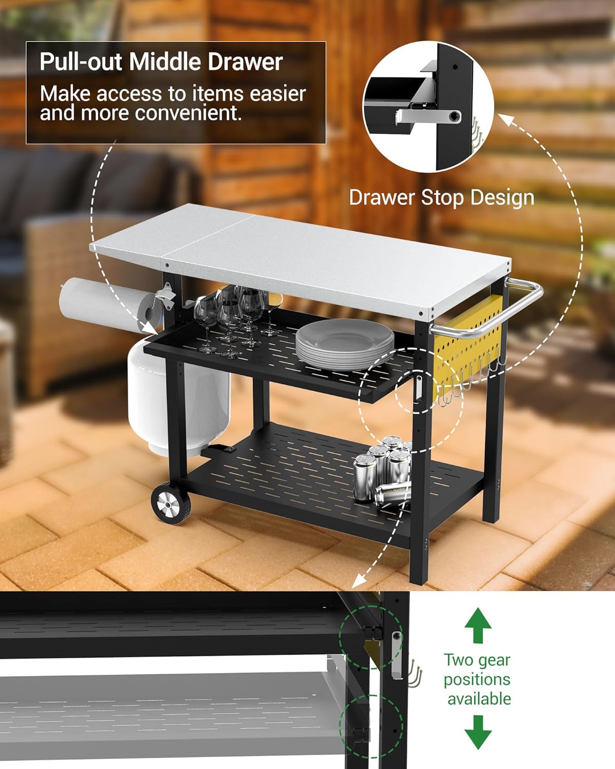 Outdoor Grill Cart with Pegboard, 3-Shelf Pizza Oven Table with Drawer, Stainless Steel Kitchen Dining Cart with Wheels, Food Prep Table Grill Stand for Outside BBQ Patio Backyard