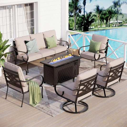 Sophia & William 6 Piece Outdoor Patio Furniture Set, 7 Seats Patio Conversation Sets with 45" Gas Fire Pit Table x 1, 3-seat Sofa x 1, Swivel Chair x 2, Cushioned Chair x 2, Beige