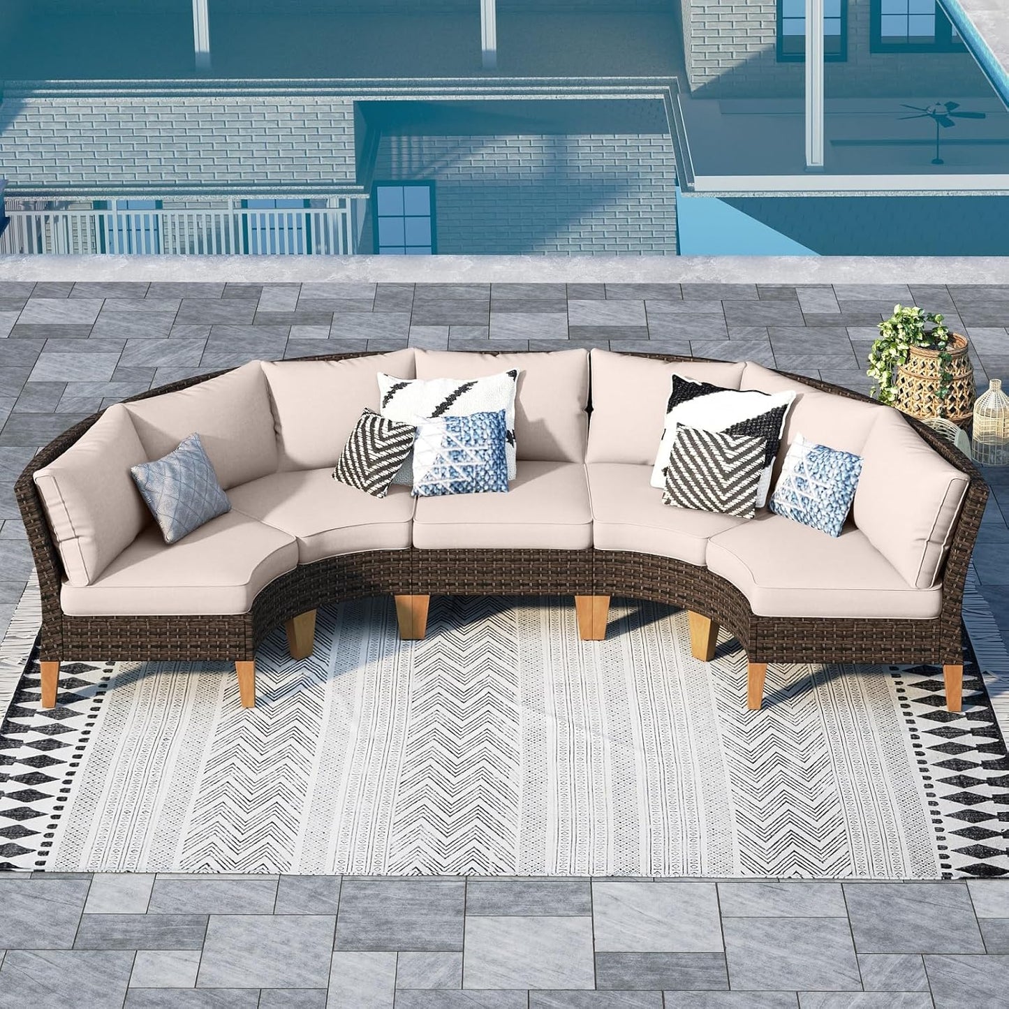 Sophia & William Patio Furniture Set, 5 Piece Half Moon Outdoor Wicker Sectional Sofa Set, Rattan Conversation Set for Backyard, Deck, Pool(Beige)
