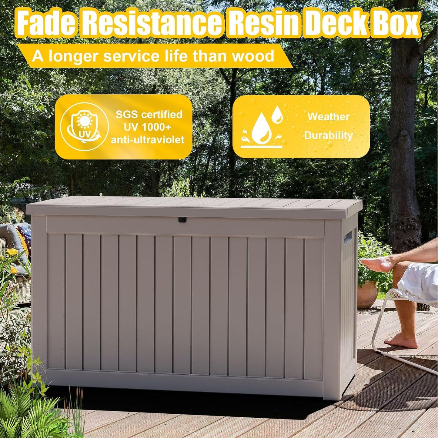 XXL 230 Gallon Large Resin Deck Box, Lockable Outdoor Storage Box for Patio Cushions Storage Furniture,Garden Tools, Pool Supplies, Weatherproof and UV Resistant- Grey (230 Gallon)