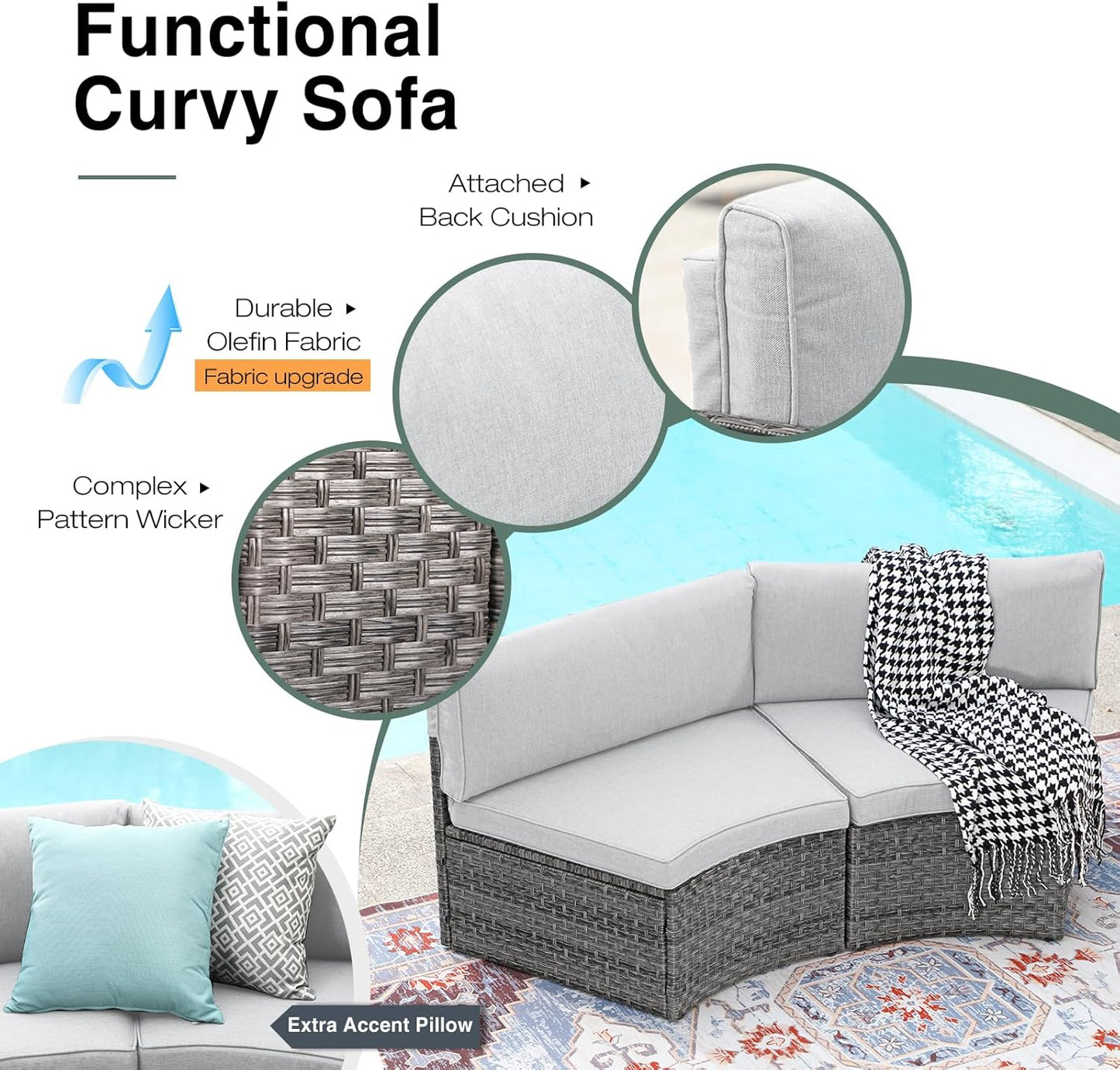 SUNSITT Outdoor Patio Furniture Sectional 7-Piece Half-Moon Curved Outdoor Sofa Set with Round Coffee Table, 4 Pillows & Waterproof Cover, Grey Rattan & Light Grey Cushion