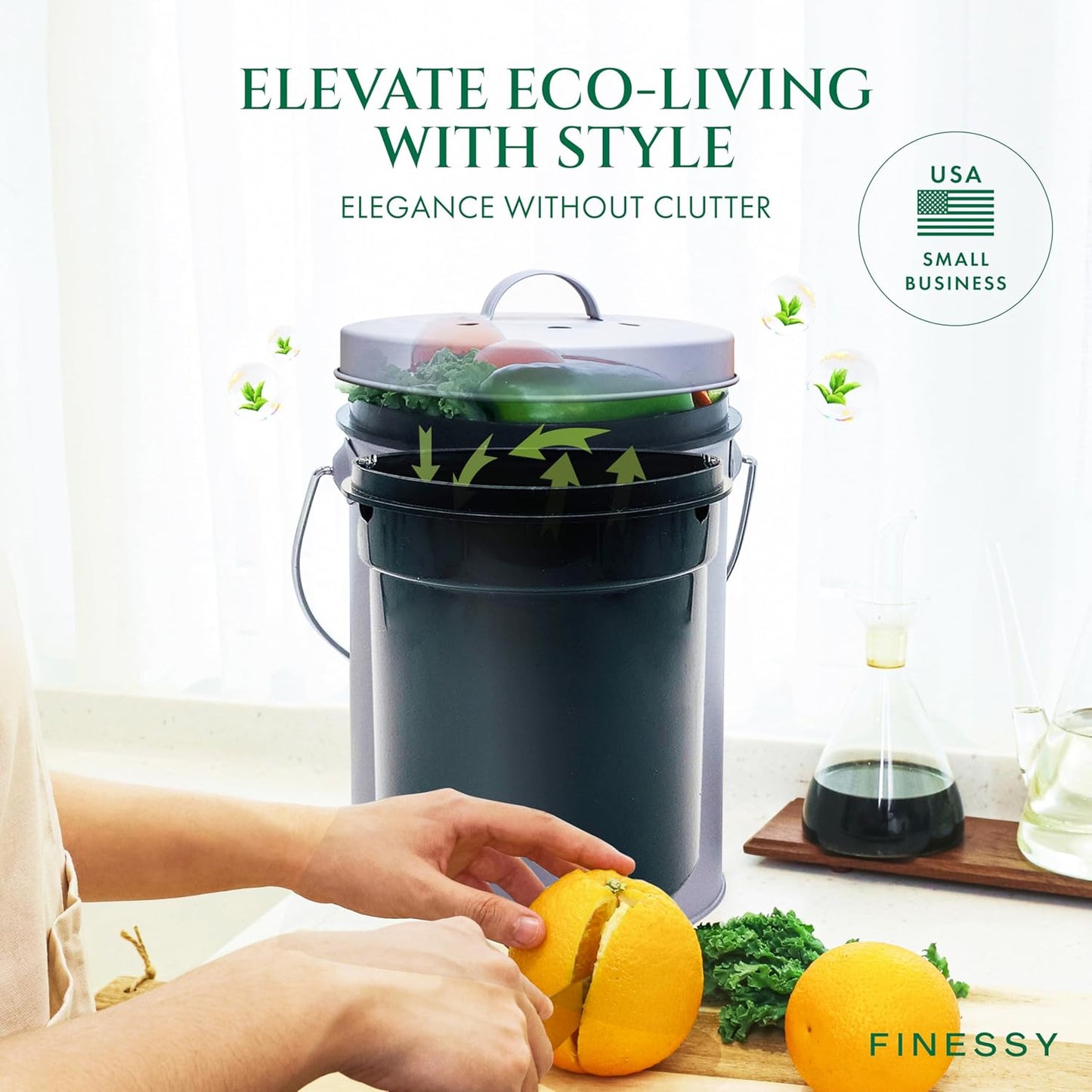 FINESSY Indoor Compost Bin Kitchen Odorless with Lid for Composting Food Waste Bucket for Counters, Stainless Steel Kitchen Compost Bin Countertop Trash Can, Indoor Food Composter Recycler Container