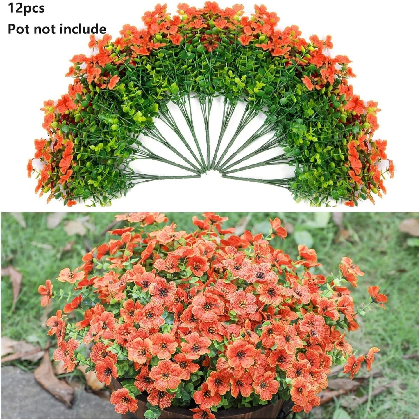 Artificial Fall Flowers Faux Mums for Outdoor Indoor Garden Home Decoration, Faux Flower Daisy with Eucalyptus Leaves Fake Mums Plants Greenery Boxwood Porch Patio, 12 Bundles (Orange)