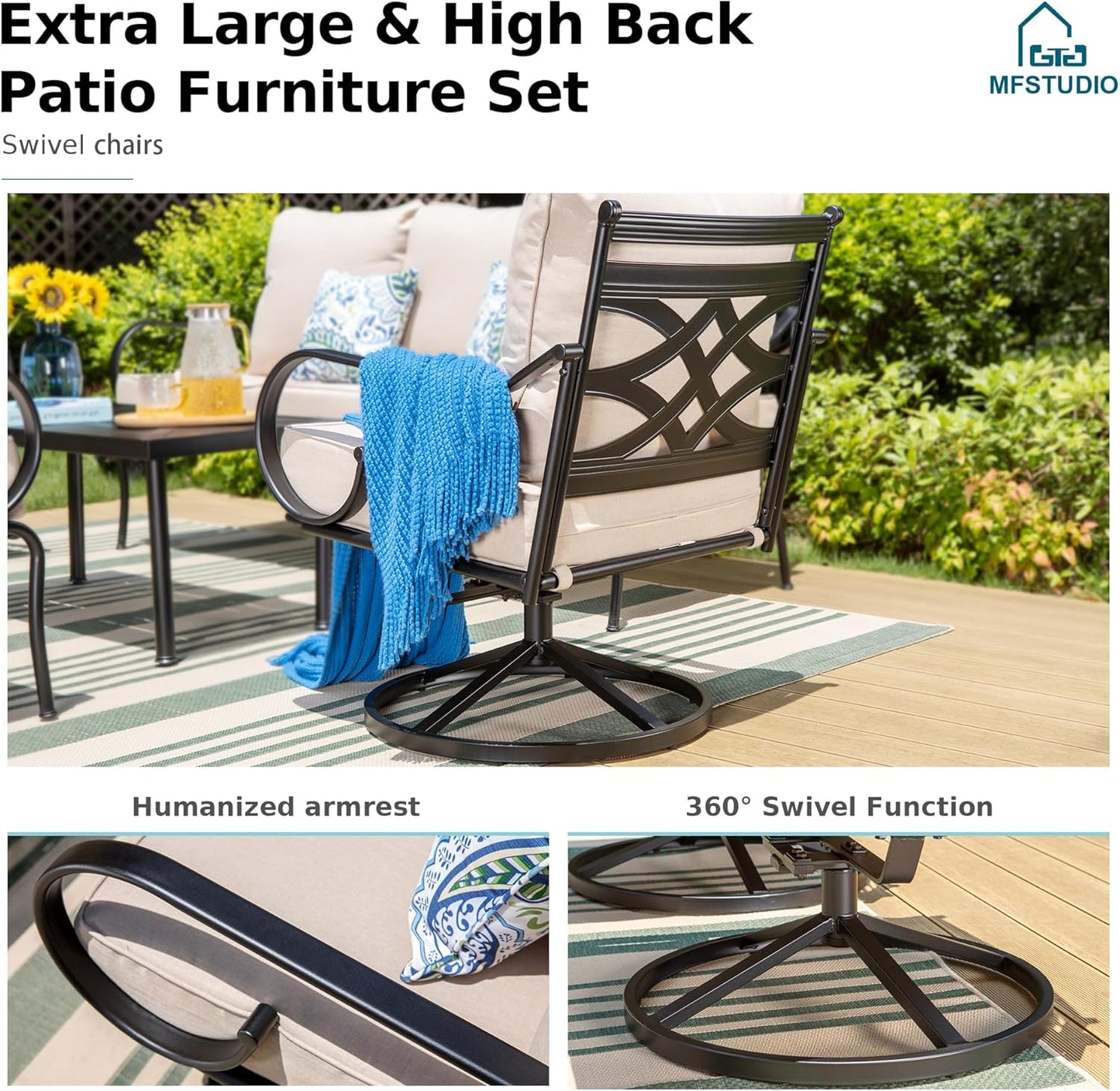MFSTUDIO 5 Seats Large Metal Patio Conversation Sets, 4 Pieces Outdoor Furniture Sofa with 2 Swivel Chairs, 1 Sofa(3-seat) and Table for Outside Balcony Backyard Poolside