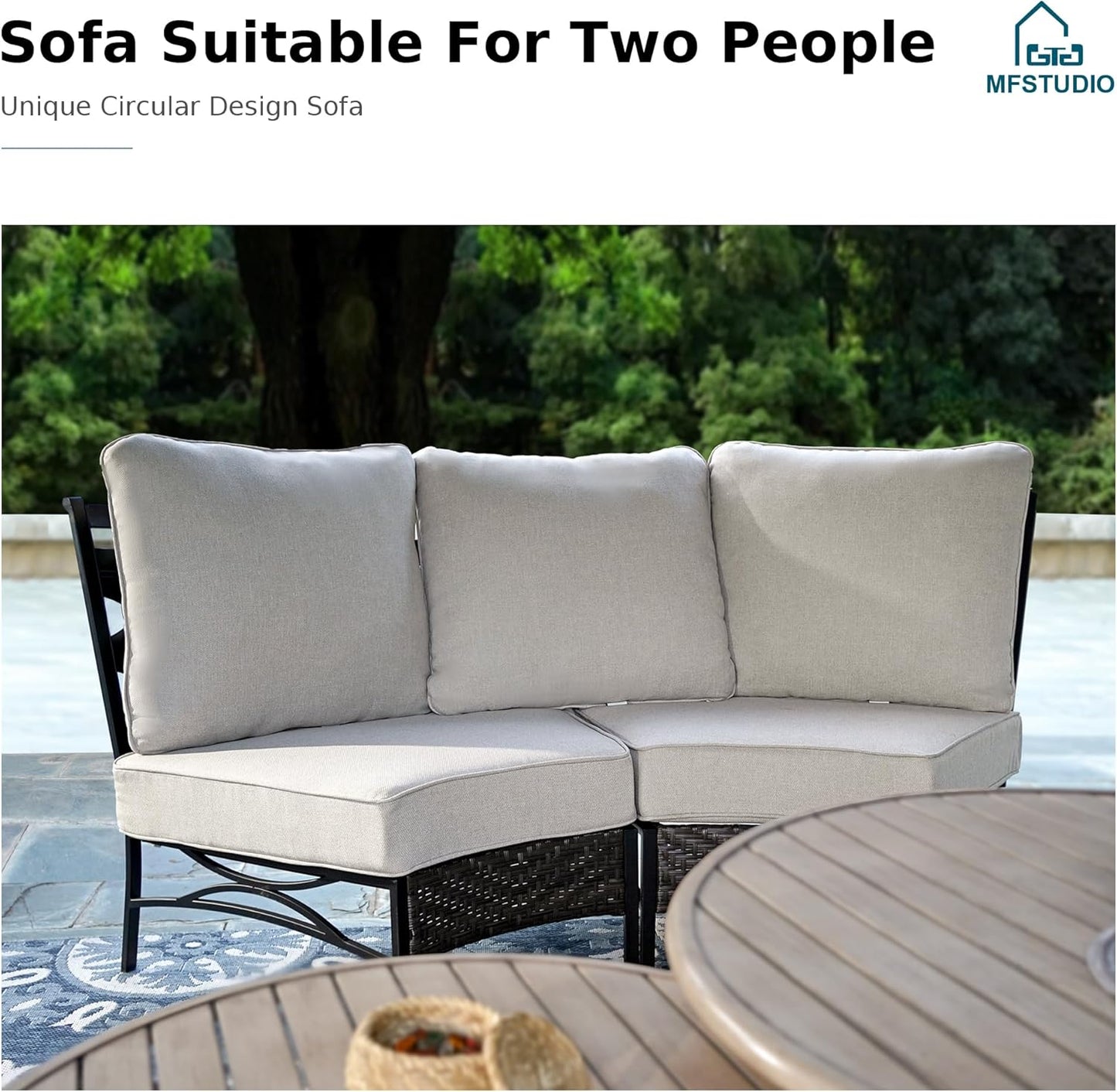 MFSTUDIO Patio Furniture Set, 6 Seats Half-Moon Curved Outdoor Sectional Sofa Conversation Set with 2 Wood-Like Round Table, Woven Rattan Patio Couch for Backyard, Garden, Deck