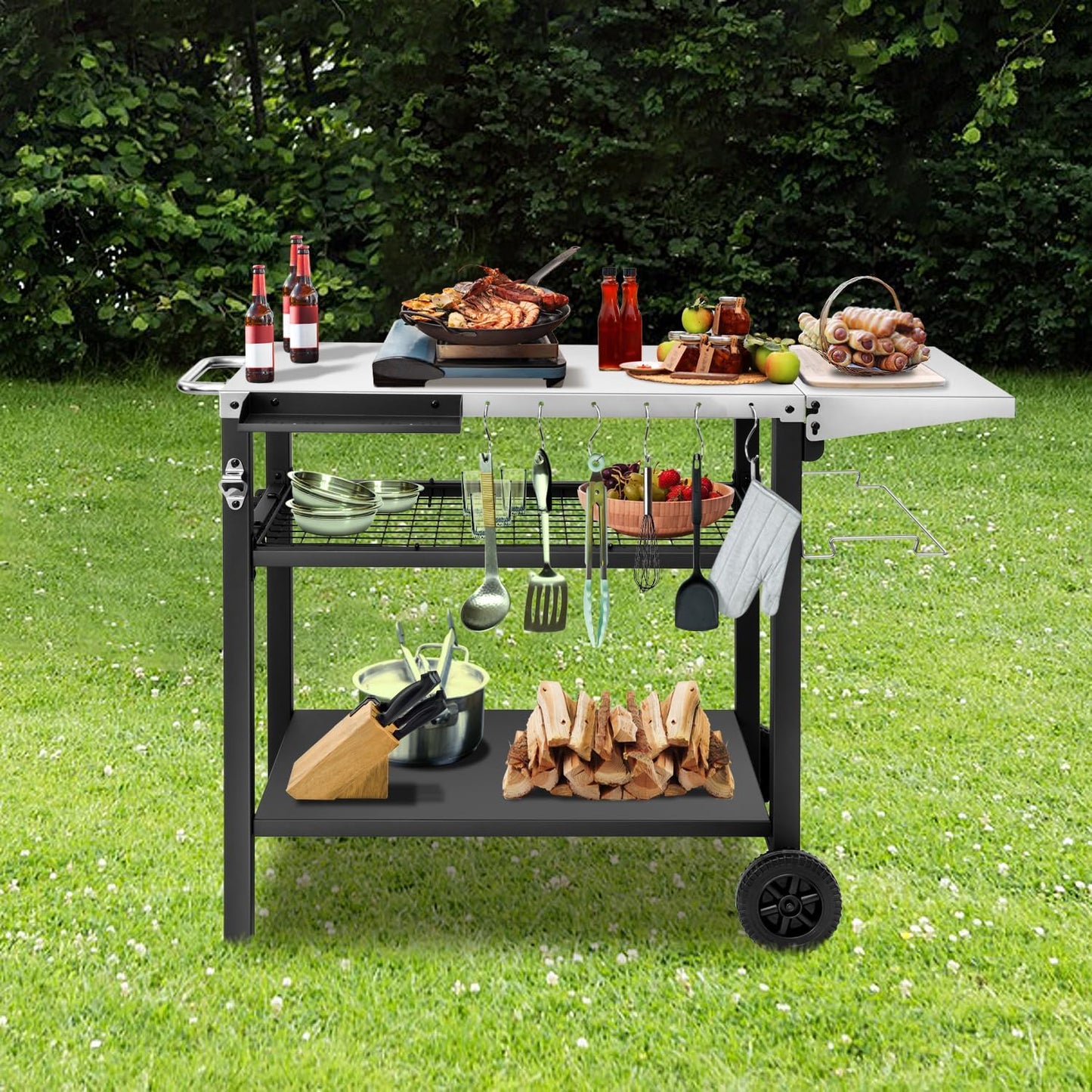 EDOSTORY Outdoor Grill Cart Pizza Oven Stand, Three-Shelf Stainless Steel Food Prep Table Patio BBQ Grill Table Bar Cart Kitchen Island with Wheels