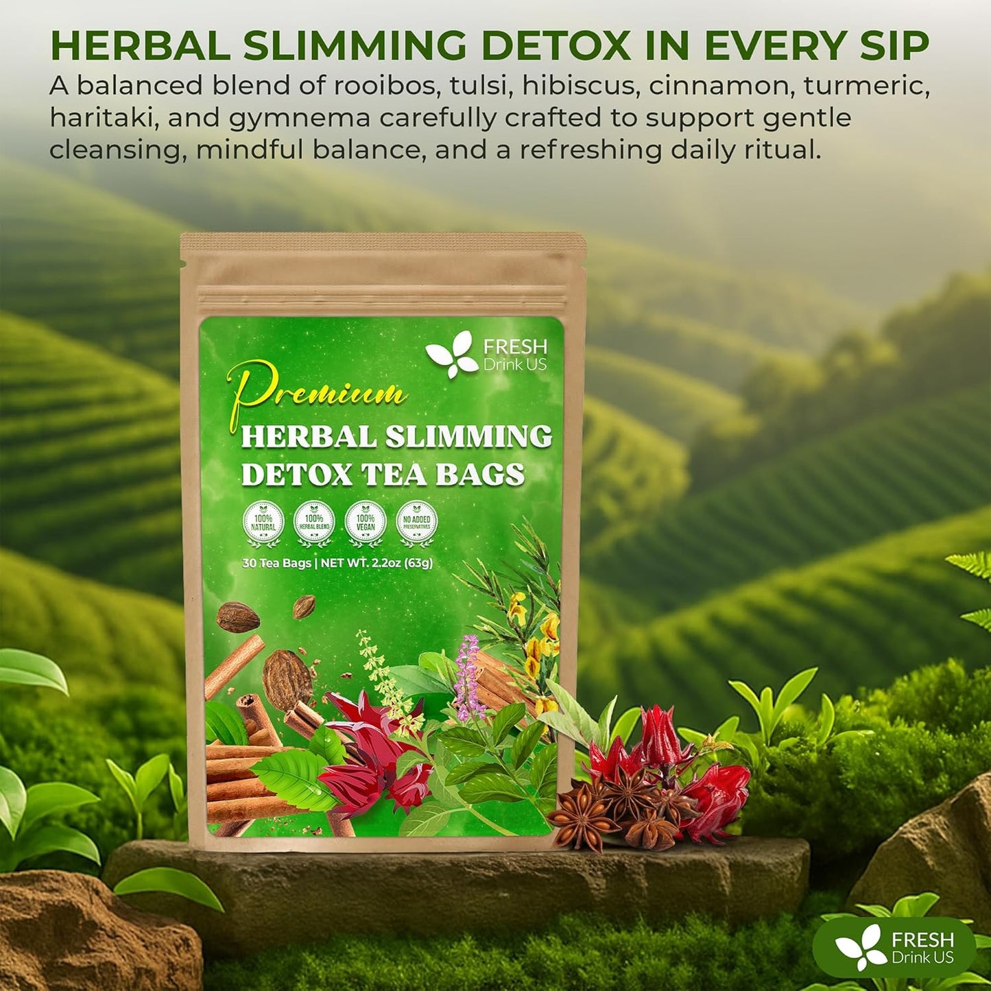 FreshDrinkUS, 30 Tea Bags Herbal Tea – Caffeine-Free Herbal Tea with Rooibos, Turmeric & Hibiscus – Loose Leaf Blend for Daily Rituals and Clean Living – Vegan, No Additives