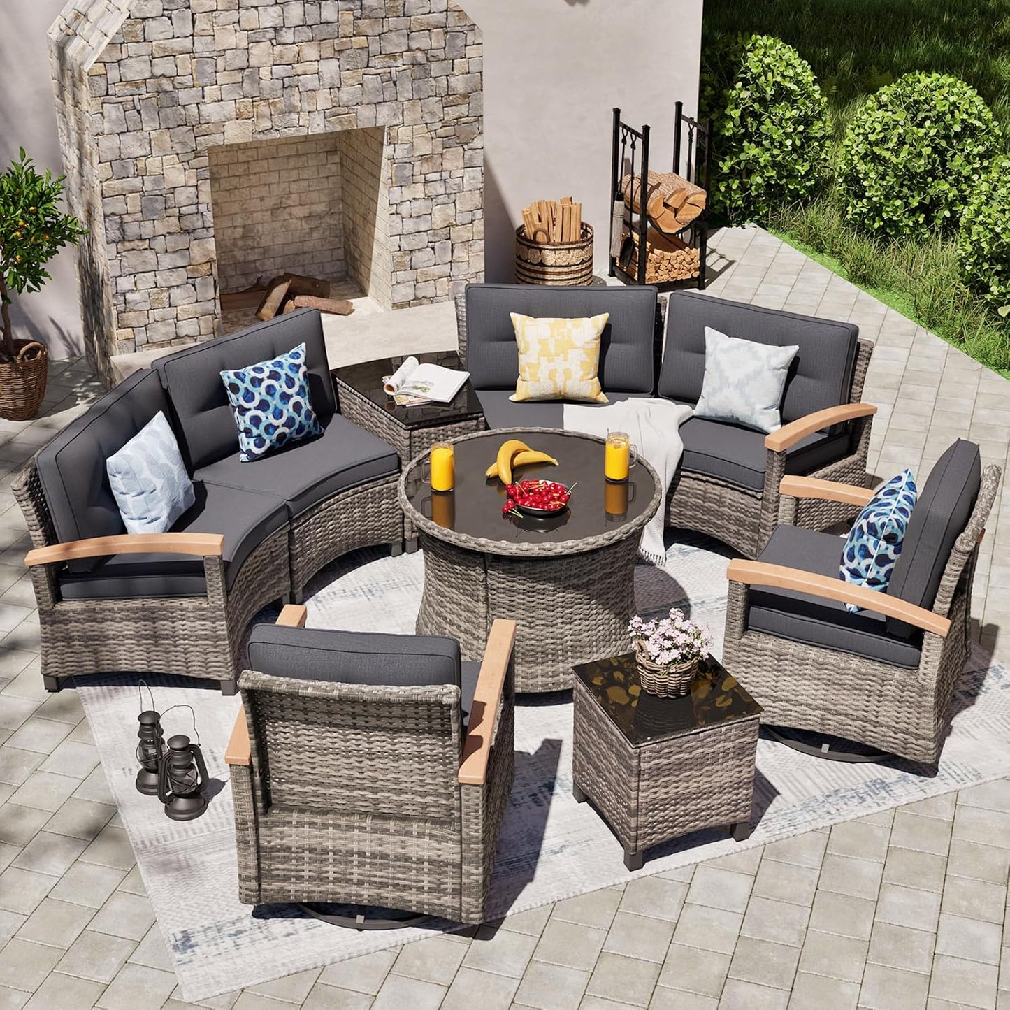 9 Piece Outdoor Patio Furniture Set, Half-Moon Curved Sectional Sofa Rattan Conversation Set with 2 Wood Armrests Swivel Rocker Chairs, Round Coffee Table & Side Table（Grey）