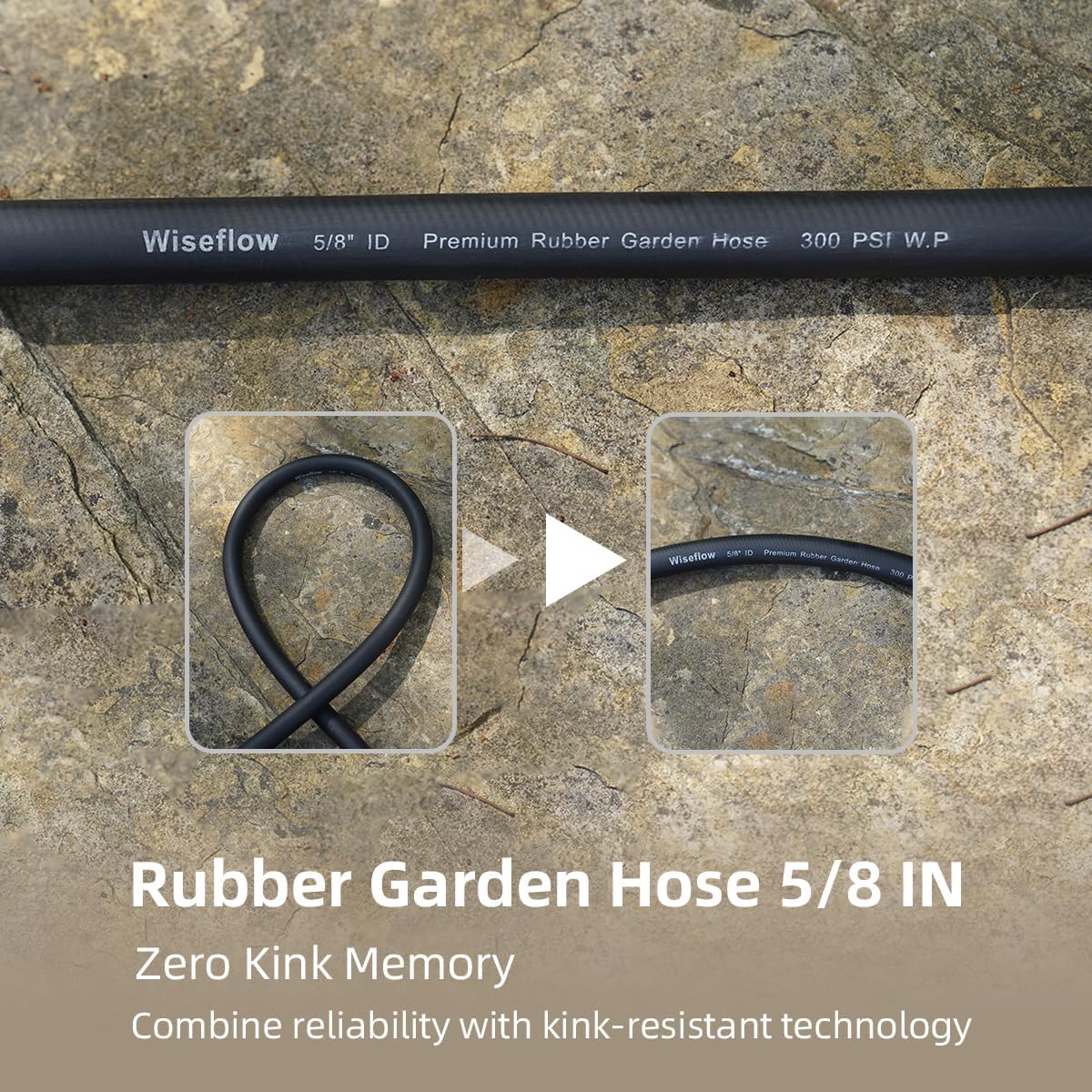 WiseFlow Garden Hose 75FT x 5/8", Heavy Duty Rubber Hose, 1000PSI Burst, 300PSI Working, Water Hose with Five Layered Braiding, Male Female Fittings (Black)