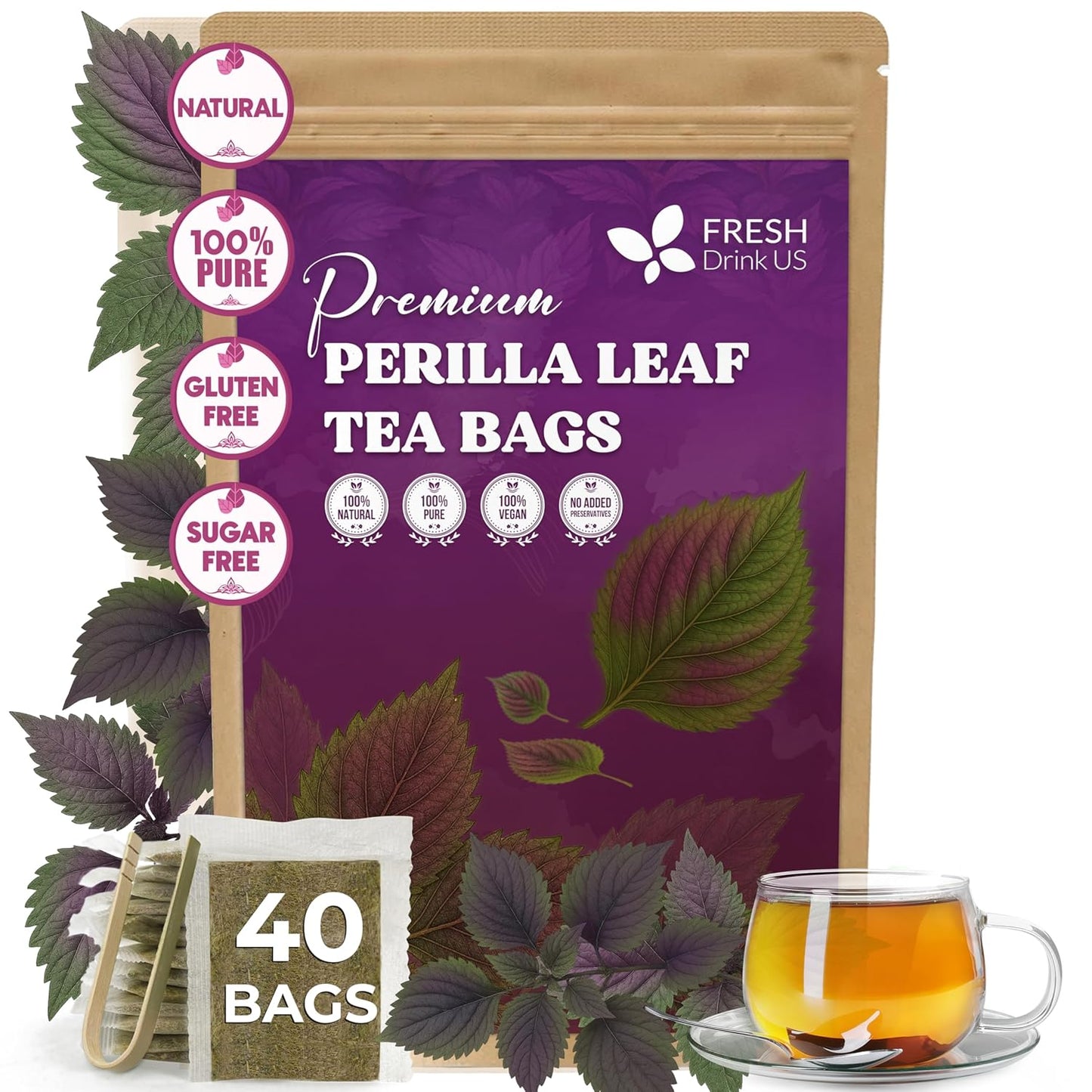 FreshDrinkUS, Premium Perilla Leaf Tea – 40 Tea Bags | 100% Pure Perilla Leaves | Caffeine-Free, Non-GMO, Natural Packaging | Herbal Tea Bags for Daily Enjoyment. Gluten-Free. Sugar-Free. Vegan