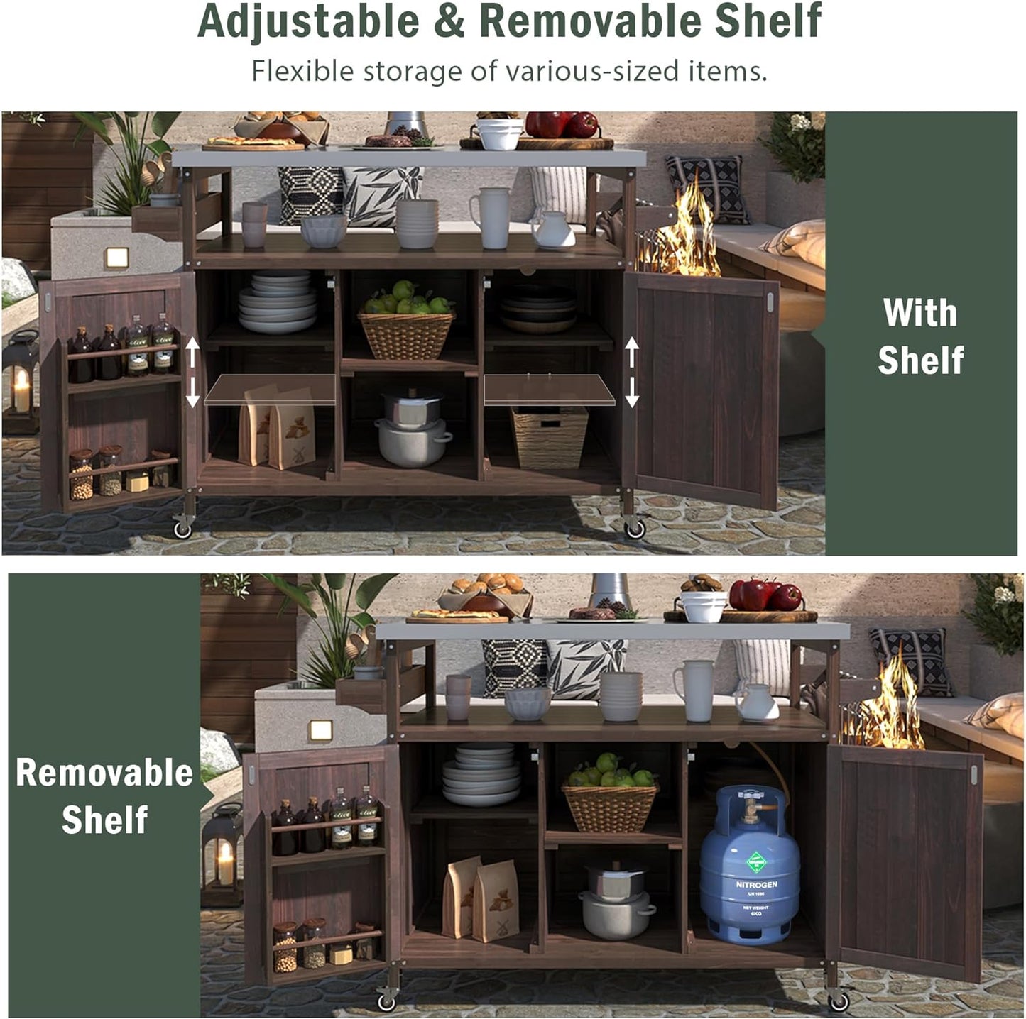 50.25" W Grill Cart with Stainless Steel Tabletop - Outdoor Storage Cabinet for BBQ, Bar Patio Kitchen Island with Ample Storage and Lockable Wheels