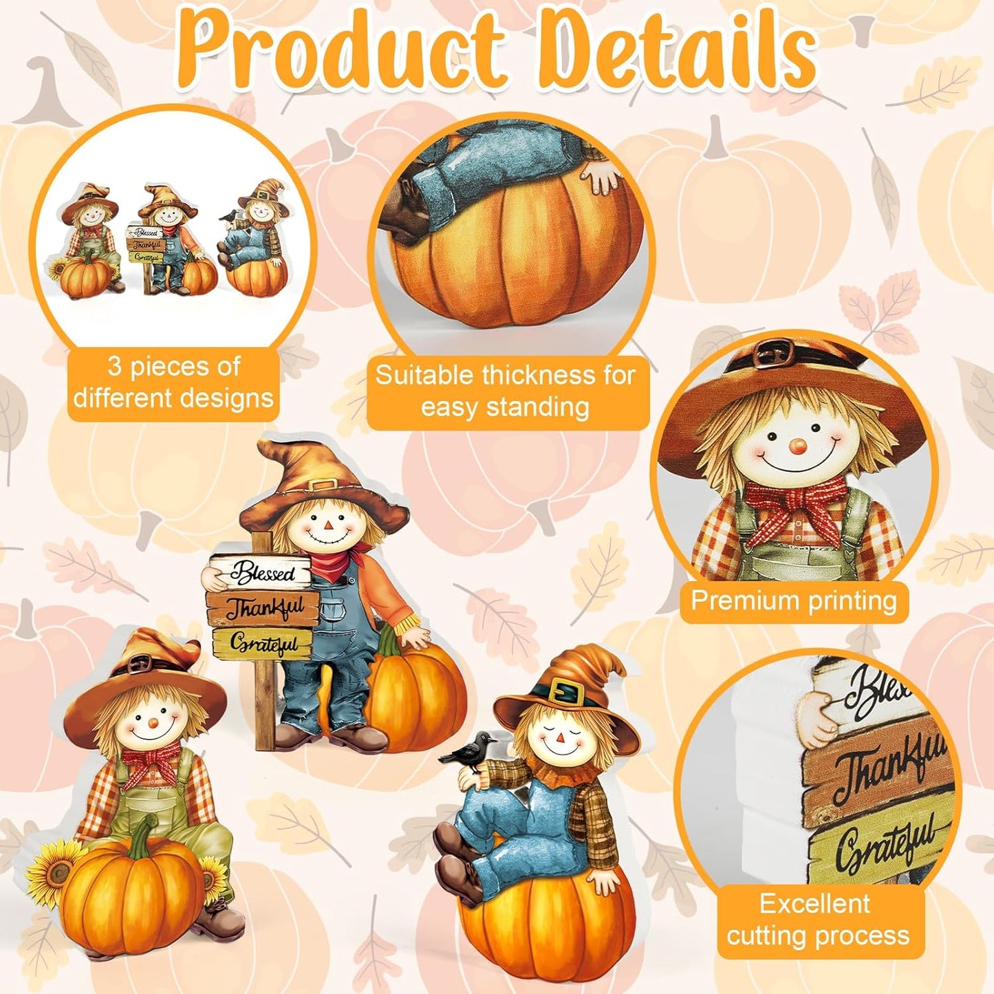 COCHIE 3 Pcs Fall Scarecrow Decor Rustic Fall Tiered Tray Decorations Wooden Scarecrow Pumpkin Sign Autumn Thanksgiving Gifts Home Office Decor Party Supplies