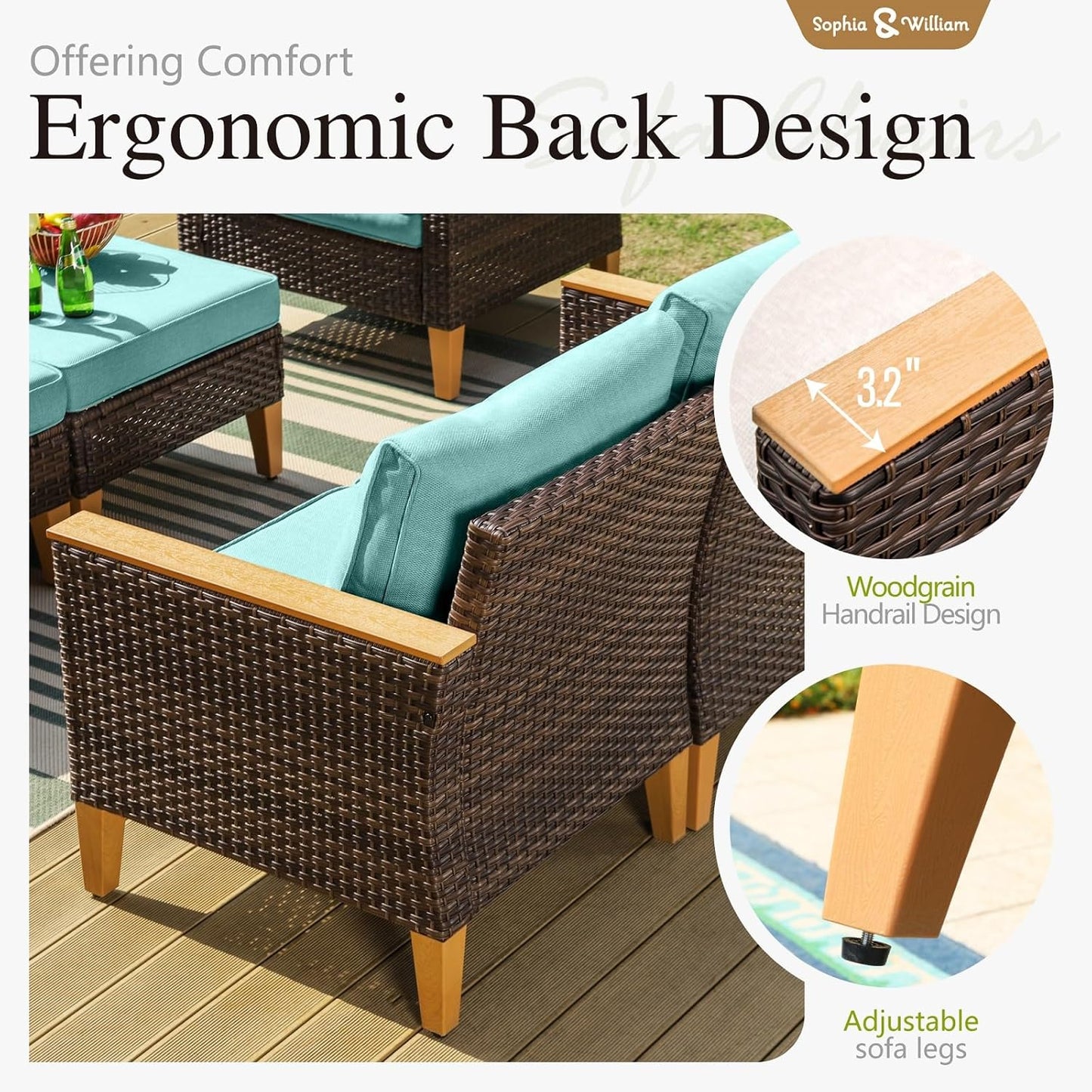 Sophia & William Outdoor Wicker Sectional Sofa Set, 7 Piece Half Moon Curved Patio Furniture Modern Round Outdoor Couch Conversation Set with Ottoman for Backyard, Pool, Garden(Aqua Blue)