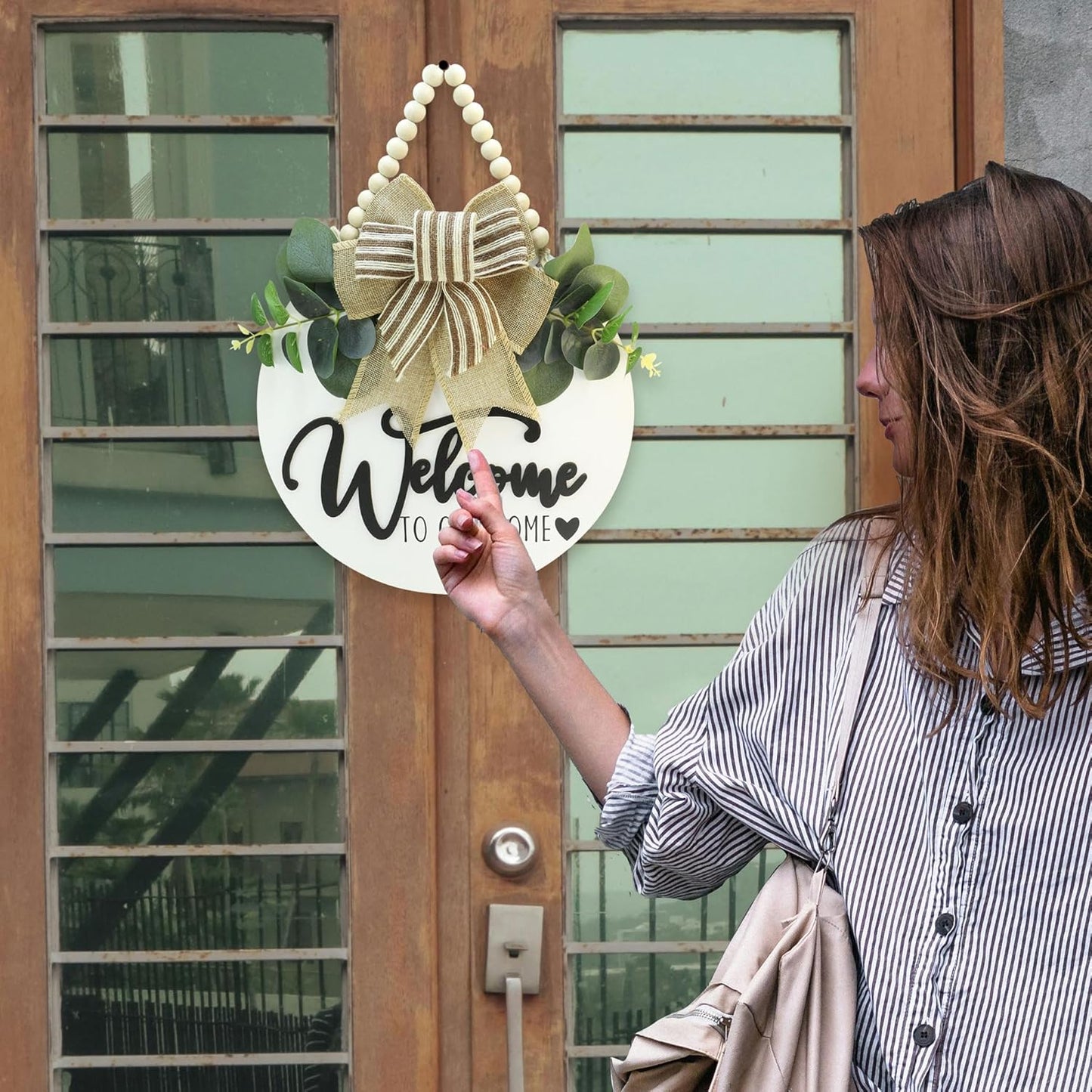 3D Welcome Sign for Front Door |Home/Farmhouse Porch Décor Wooden Hanging Sign with Artificial Leaves and Rustic Beads | Christmas Classroom |12" Round|White