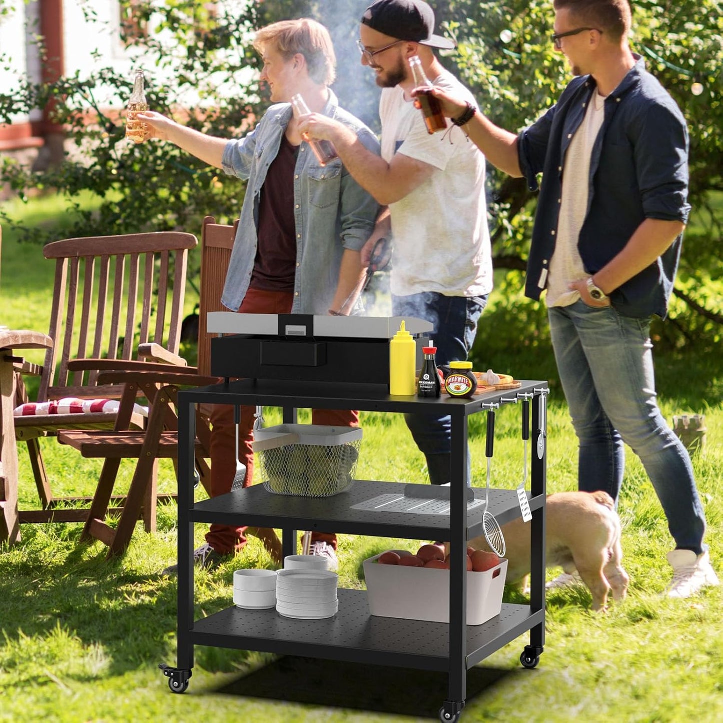 Pizza Oven Table Cart for Ooni/Ninja Woodfire/Blackstone/Cuisinart Pizza Oven Stand for Outside, Modular Table Movable Prep Cart with Pizza Topping Station for Ooni Koda Karu Fyra 16/12