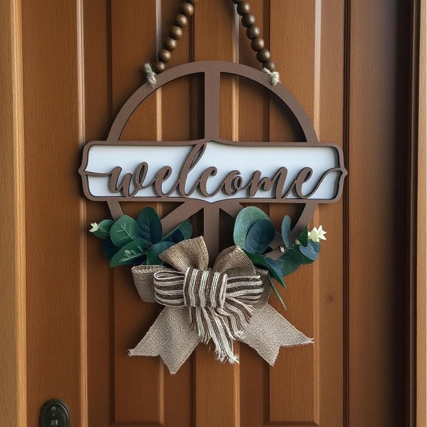 interchangeable 3D Welcome Sign for Front Door |Home/Farmhouse Porch Décor Wooden Hanging Sign with Artificial Leaves and Rustic Beads | Christmas Classroom |12" Round