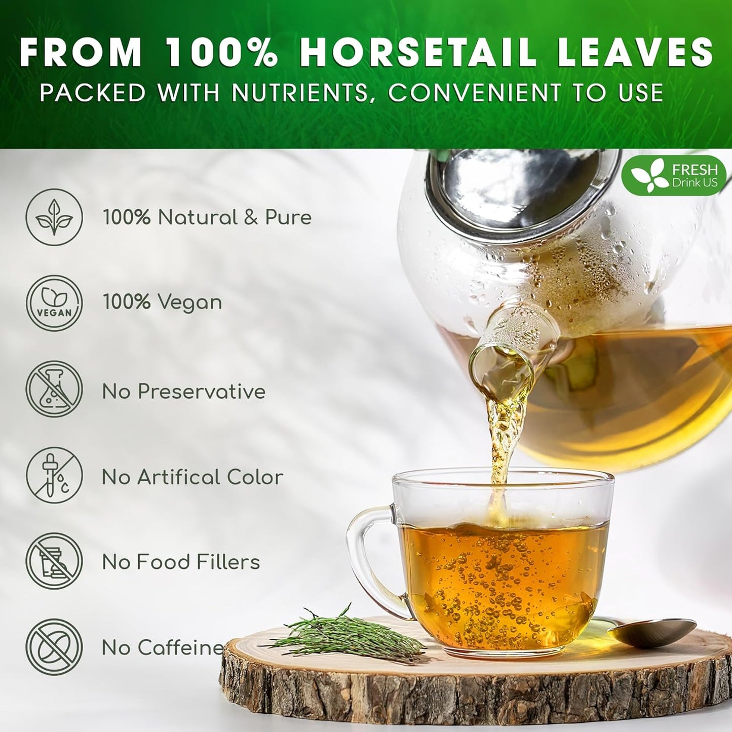 FreshDrinkUS, Premium 55 Horsetail Leaf Tea Bags, 100% Natural & Pure from Horsetail Loose Leaves Herbal Tea. Made with Natural Material Tea Bags. No Sugar, No Caffeine, No Gluten, Vegan.