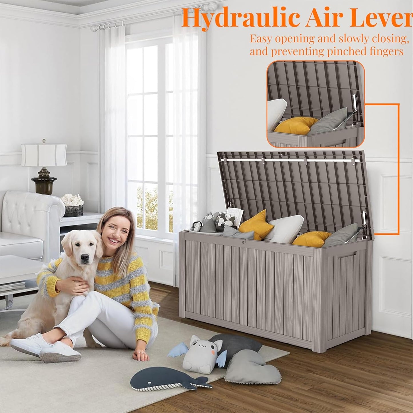 150 Gallon Resin Deck Box, Lockable Patio Outdoor Storage Box for Furniture, Garden Tools and Tools Storage, Waterproof Outside Storage Boxes - Grey