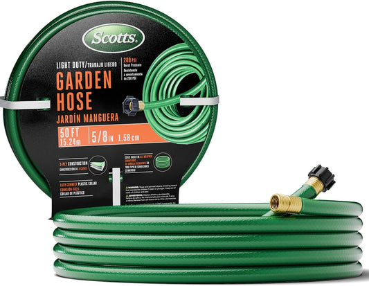 Scotts 50 ft. Light Duty Garden Hose – 5/8 in. Diameter, 3-Ply Construction, 200 PSI, High-Pressure, Easy-to-Coil Water Hose with Crush-Resistant Couplings, Easy to Connect for Lawn and Garden Use