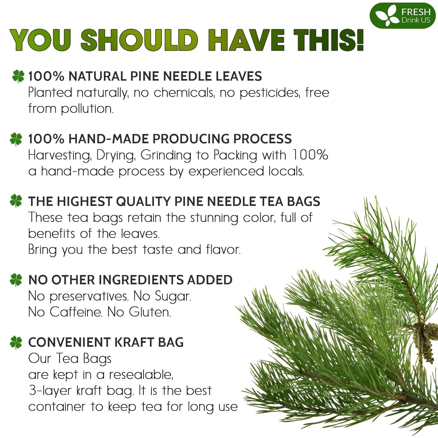 FreshDrinkUS, Pine Needle Tea Bags – 135 Tea Bags, Naturally Caffeine-Free, Refreshing Herbal Tea, Wild-Harvested Pine Leaves, Aromatic and Soothing – Non-GMO & Eco-Friendly Packaging