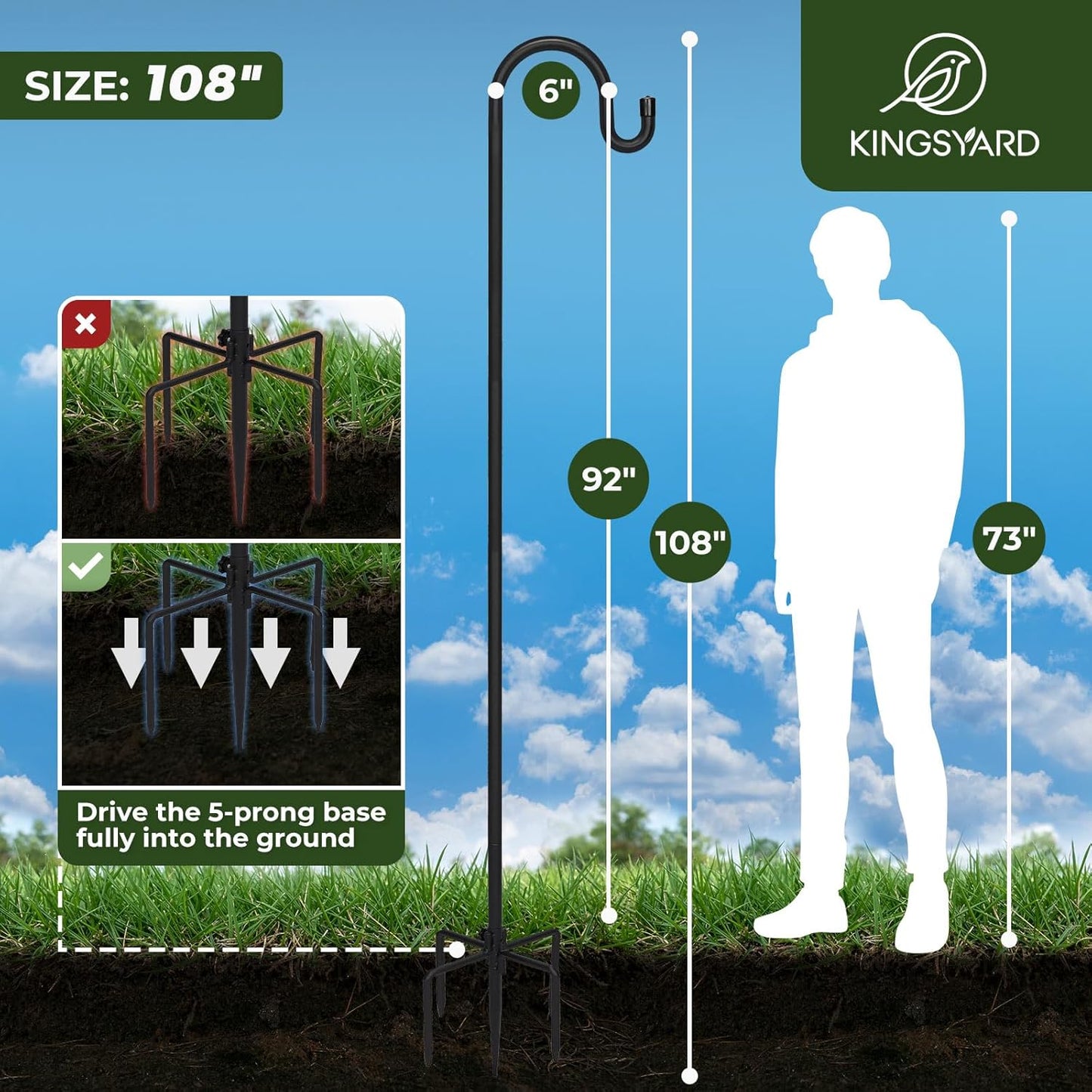 Kingsyard Adjustable Shepherd Hooks for Outdoor - 44 INCH Heavy Duty Bird Feeder Pole with 5 Prong Base, Hummingbird Feeder Stand, Garden Plant Baskets, Weddings Decor, Solar Light Lanterns