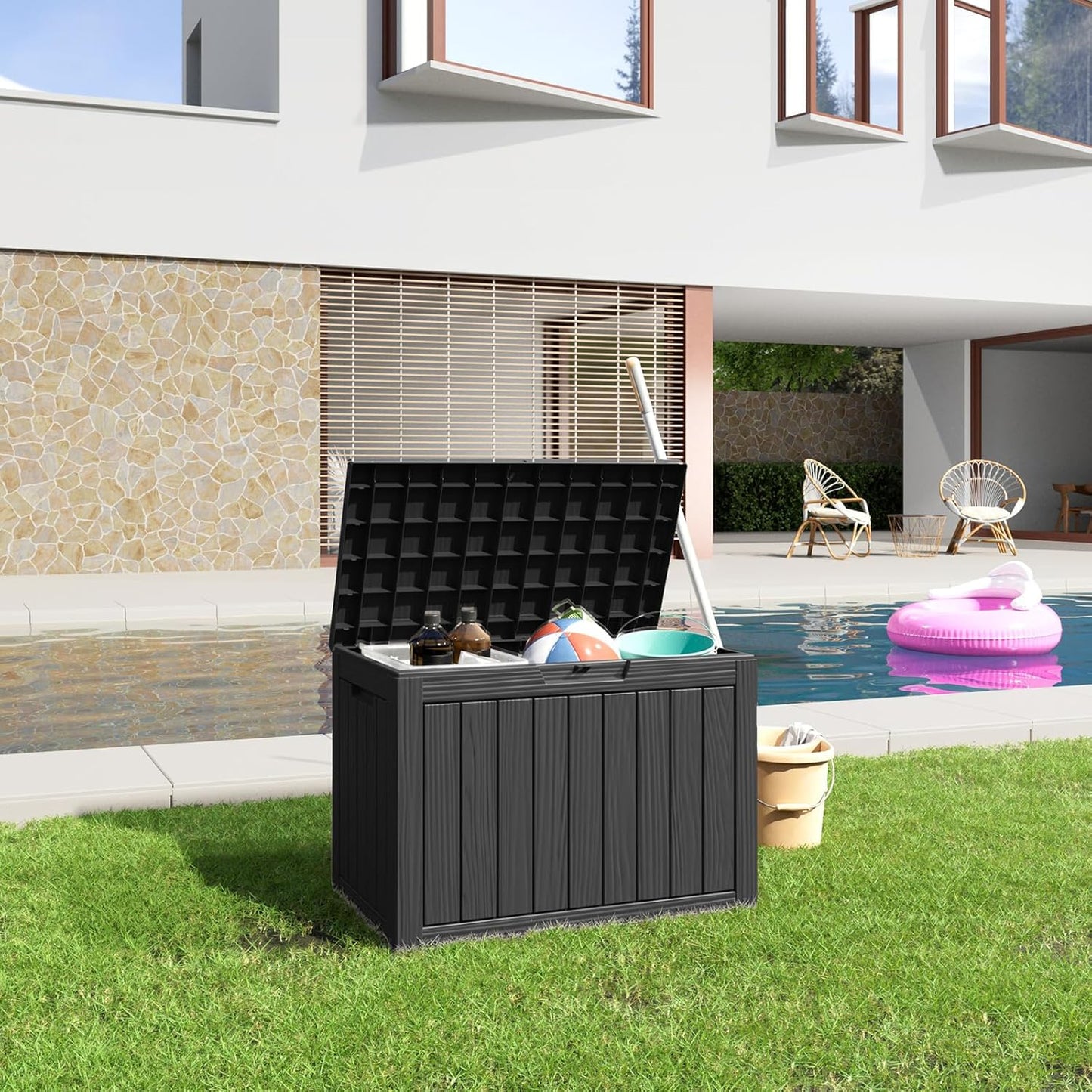 45 Gallon Resin Deck Box, Lockable Patio Outdoor Storage Box for Furniture, Garden Tools and Tools Storage, Waterproof Outside Storage Boxes - Black