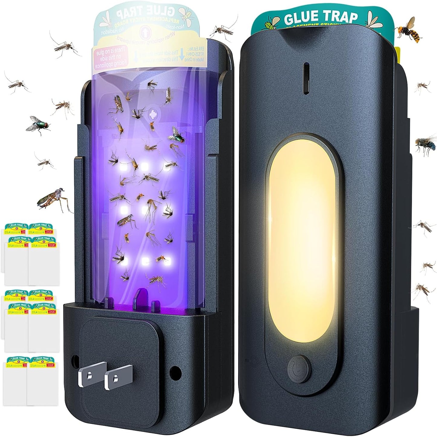 Fruit Fly Trap for Indoors with 10 Refills, 2 in 1 Fly Trap Indoor with Night Light for Home, Gnat Traps for House Indoor, Plug-in Insect Trap for Gnats, Flies, Moths, and Other Bugs-Black