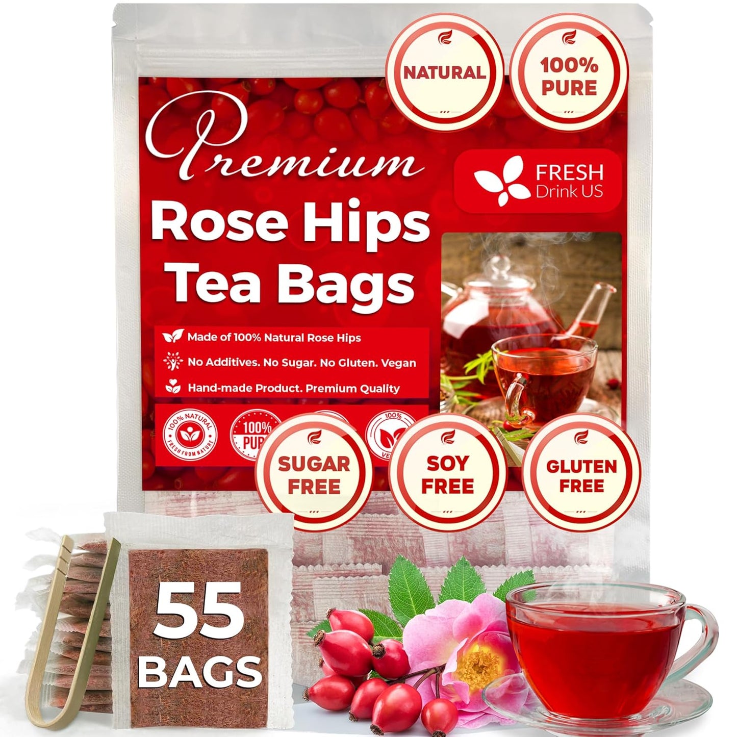 FreshDrinkUS, Premium 55 Rosehip Tea Bags, 100% Natural & Pure from Rose Hip Fruits. Loose Rosehip Herbal Tea. Made with Natural Material Tea Bags. No Sugar, No Caffeine, No Gluten, Vegan.