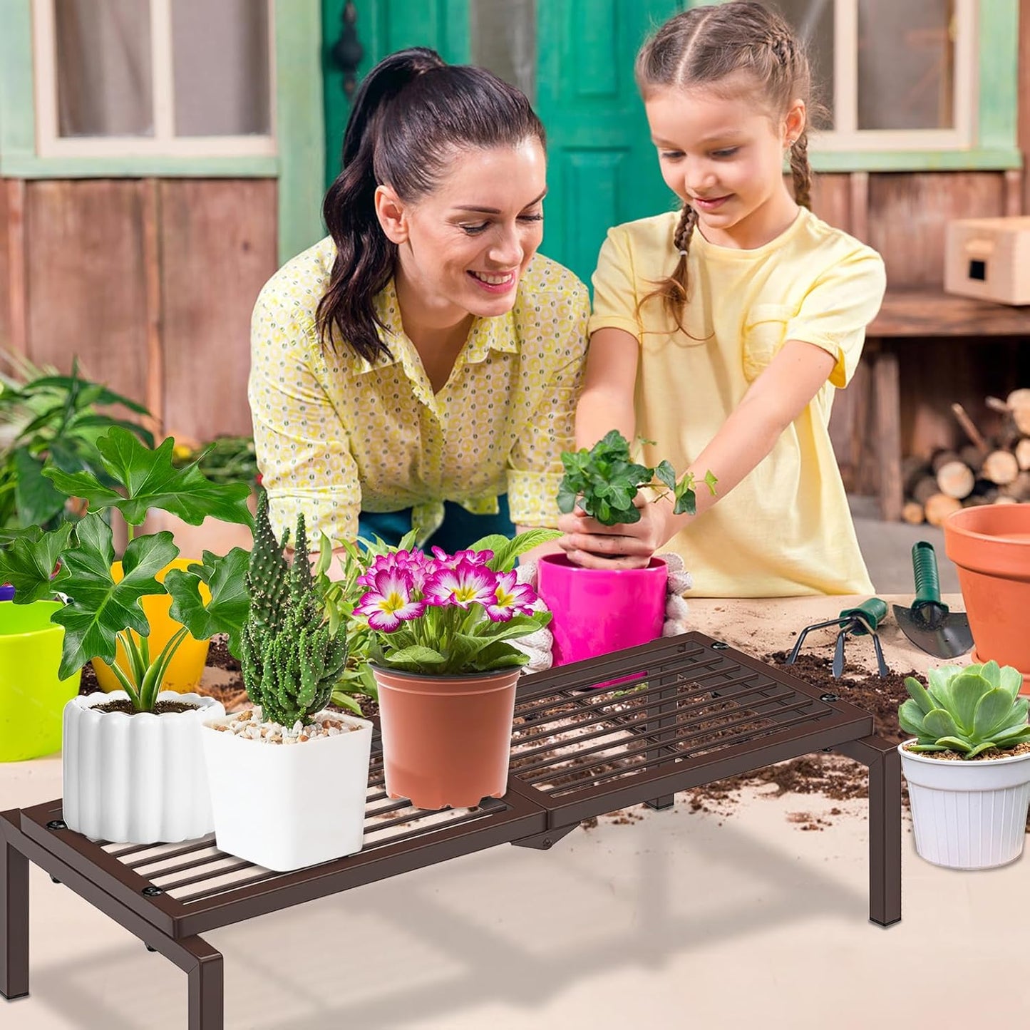 1 Tier Metal Plant Stand Indoor Outdoor, Potted Multiple Flower Pot Holder Rack Plant Shelf, Heavy Duty Planter Display Shelving for Patio Balcony Garden Living Room Decorative (Brown)