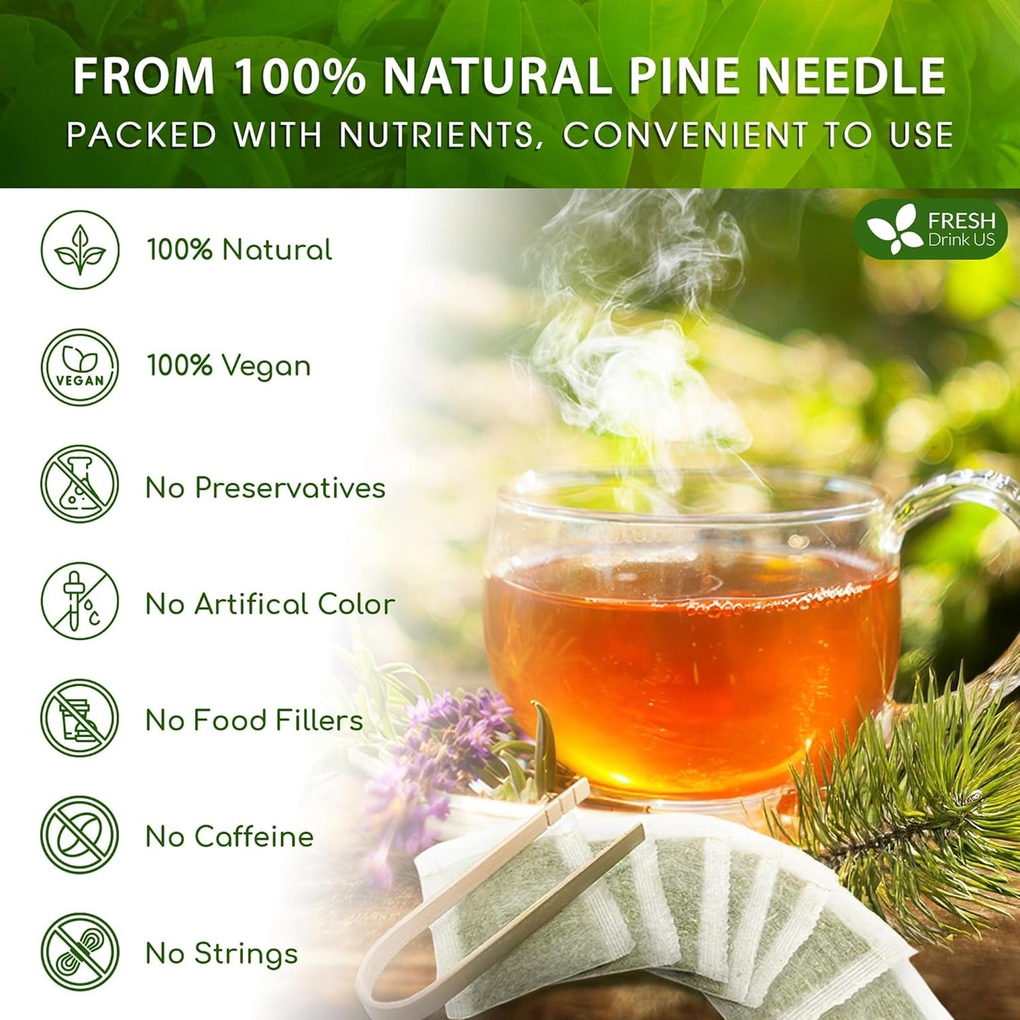 FreshDrinkUS, Pine Needle Tea Bags – 135 Tea Bags, Naturally Caffeine-Free, Refreshing Herbal Tea, Wild-Harvested Pine Leaves, Aromatic and Soothing – Non-GMO & Eco-Friendly Packaging