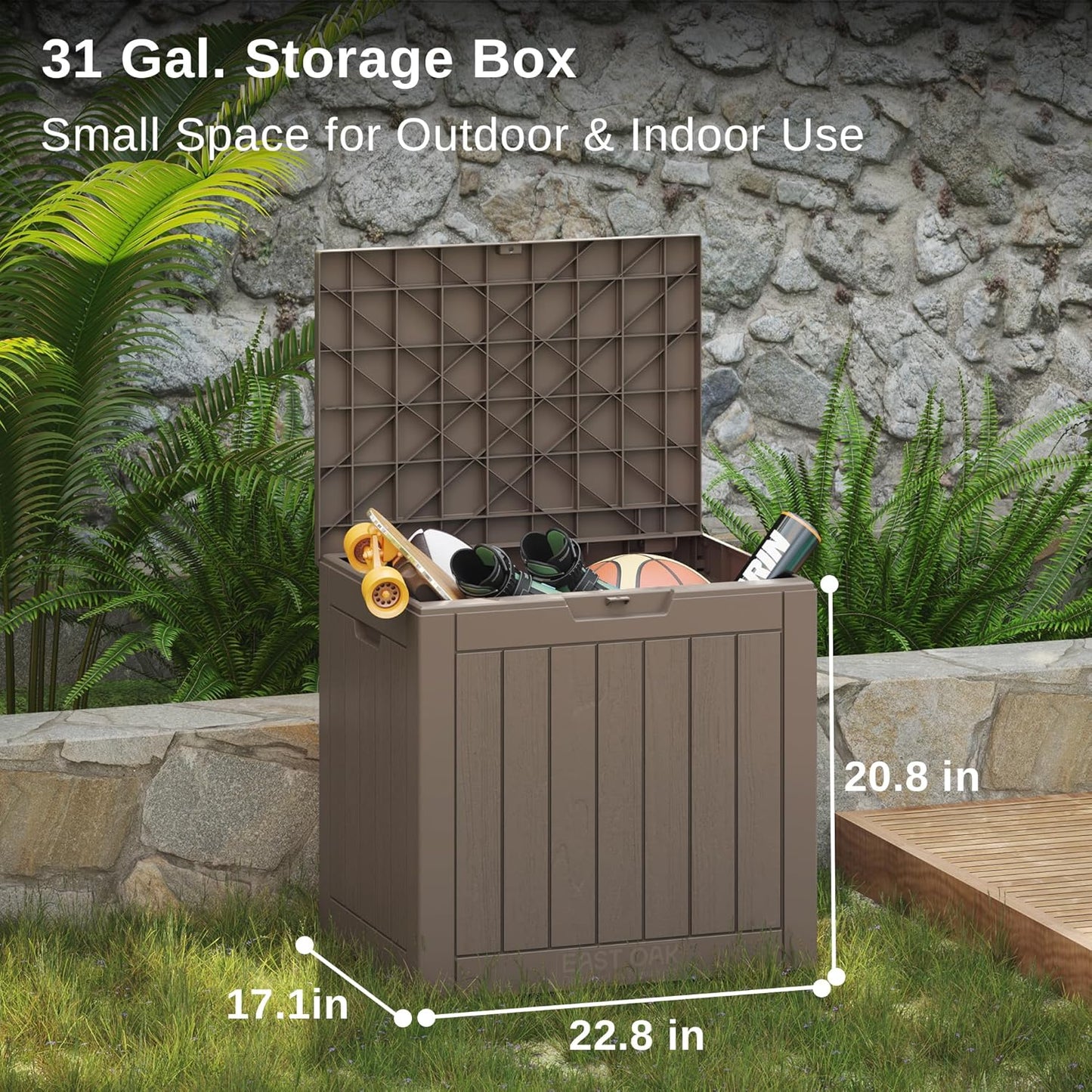 EAST OAK Outdoor Storage Box, 31 Gallon Deck Box, Waterproof Resin Storage Bin for Patio Cushions, Gardening Tools, Accessories, Lockable, UV Resistant, Brown