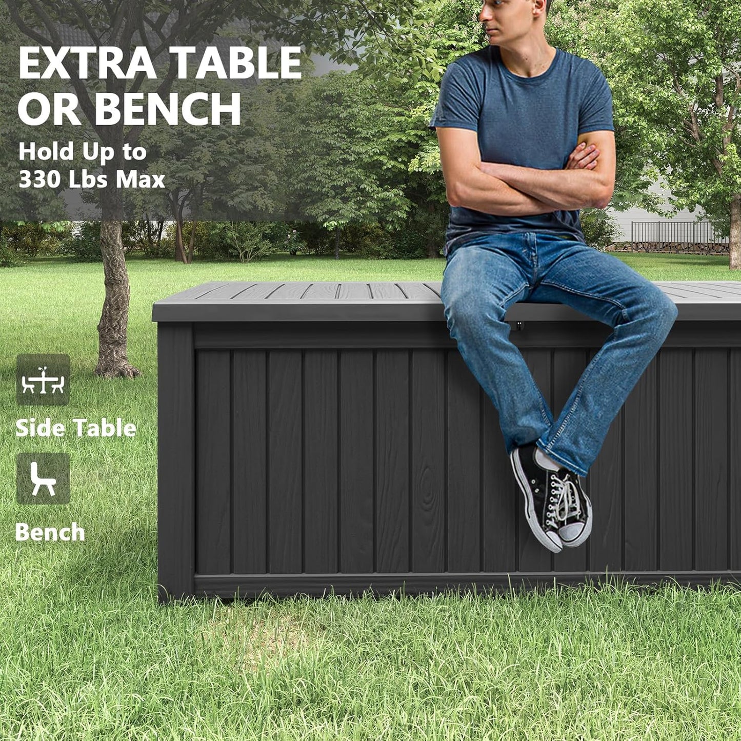 NUNU LAB 180 Gallon Outdoor Storage Box,Large Resin Sturdy Deck Box, Backyard Outside Storage Box Waterproof with Double Wall Panels,Package Delivery Garden Hose Storage Bin Outdoor Tool