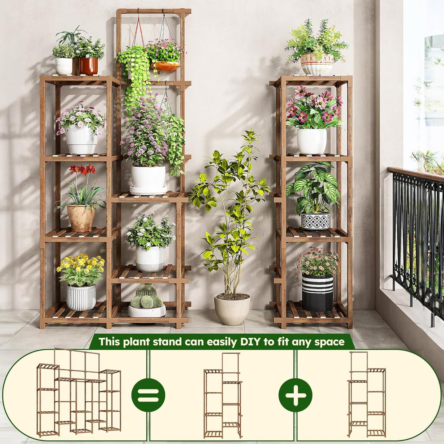 EnHomee Plant Stand Indoor Wood Plant Stand Outdoor Tiered Plant Shelf for Multiple 16-21 Potted Plants for Living Room Patio Balcony Yard Garden 44.9" W x 11.8" D x 62.2" H