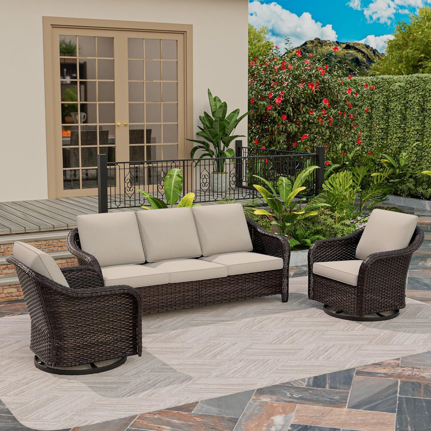 3 Piece Patio Wicker Conversation Set, All-Weather Use Outdoor Wicker Sofa with 2 PE Rattan 360 Swivel Chair, Ideal for Porch, Backyard, Balcony, Poolside, Beige