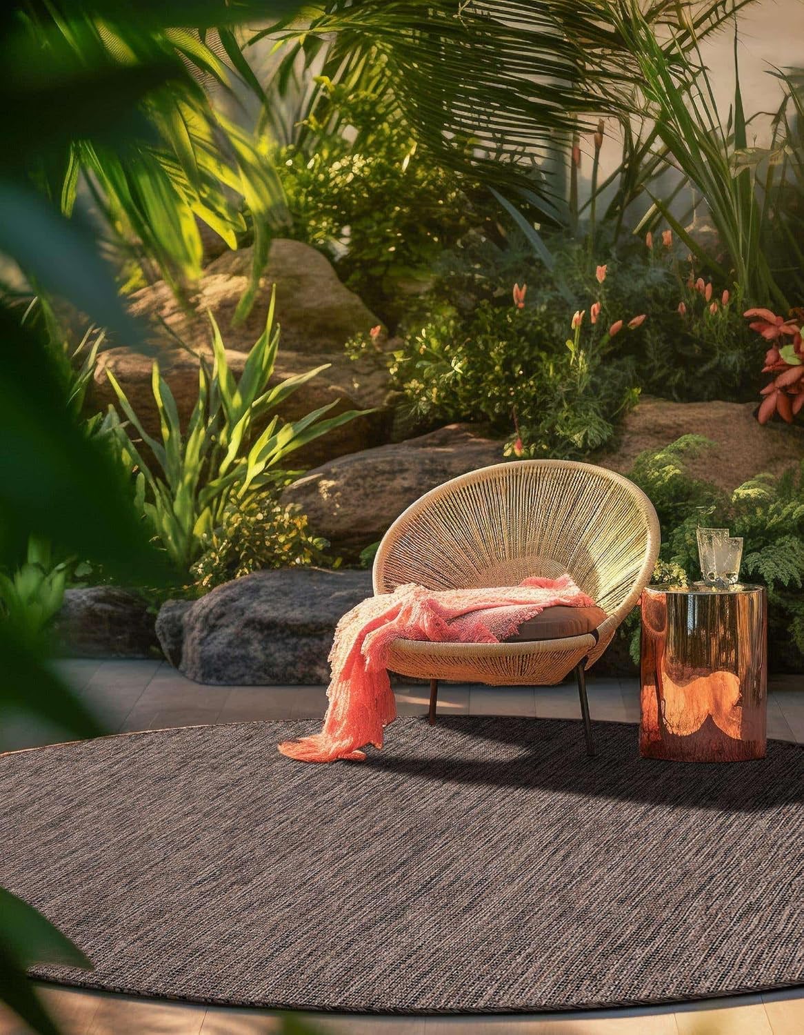 Unique Loom Outdoor Solid Collection Area Rug (10' Round Light Brown/Ivory)