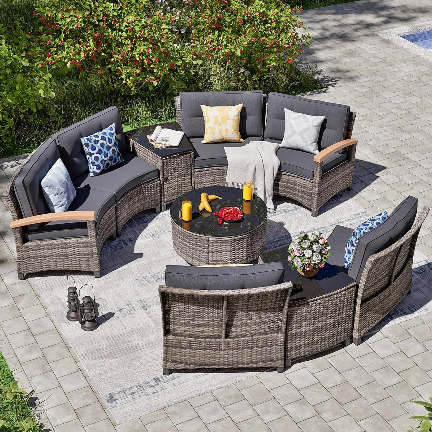 9 Piece Outdoor Patio Furniture Set, Half-Moon Curved Sectional Sofa Rattan Conversation Set with Wood Armrests, Coffee Table & Side Table（Grey）