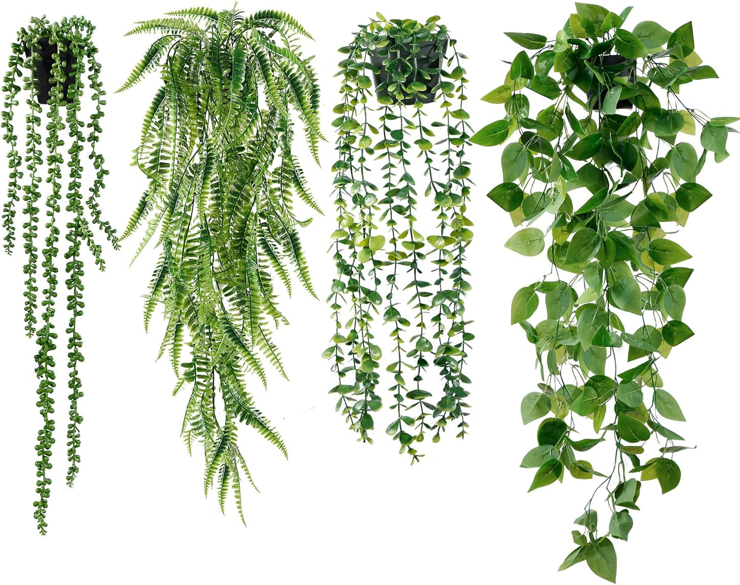 Sggvecsy Fake Hanging Plants 4 Pack Artificial Hanging Plants Fake Potted Greenery Faux Eucalyptus Vine String of Pearls Boston Fern Ivy Vine Leaves for Home Indoor Outdoor Shelf Wall Garden Decor
