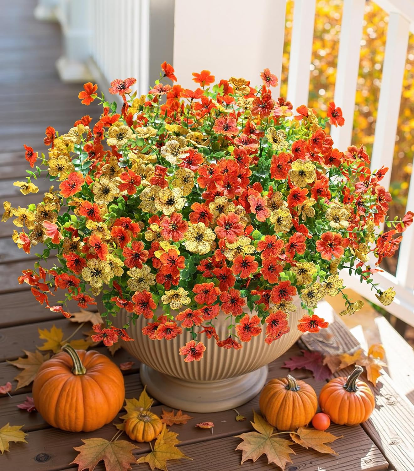 Artificial Fall Flowers Faux Mums for Outdoor Indoor Garden Home Decoration, Faux Flower Daisy with Eucalyptus Leaves Fake Mums Plants Greenery Boxwood Porch Patio, 12 Bundles (OrangeYellow)