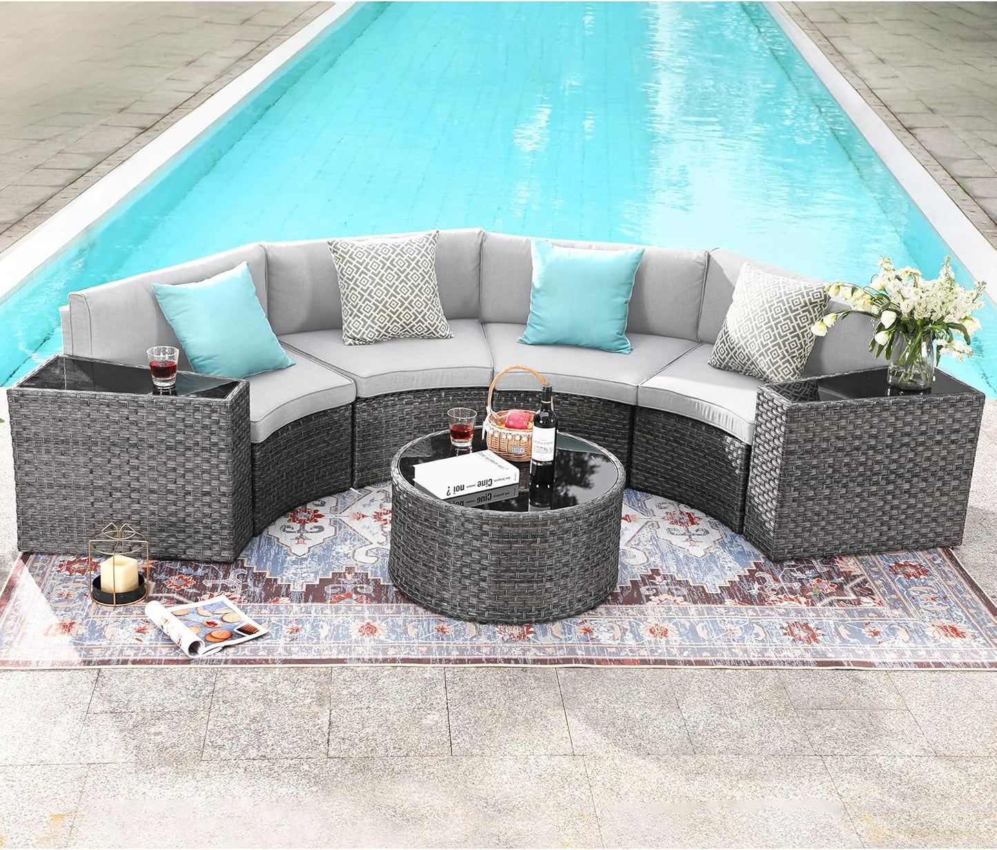 SUNSITT Outdoor Patio Furniture Sectional 7-Piece Half-Moon Curved Outdoor Sofa Set with Round Coffee Table, 4 Pillows & Waterproof Cover, Grey Rattan & Light Grey Cushion